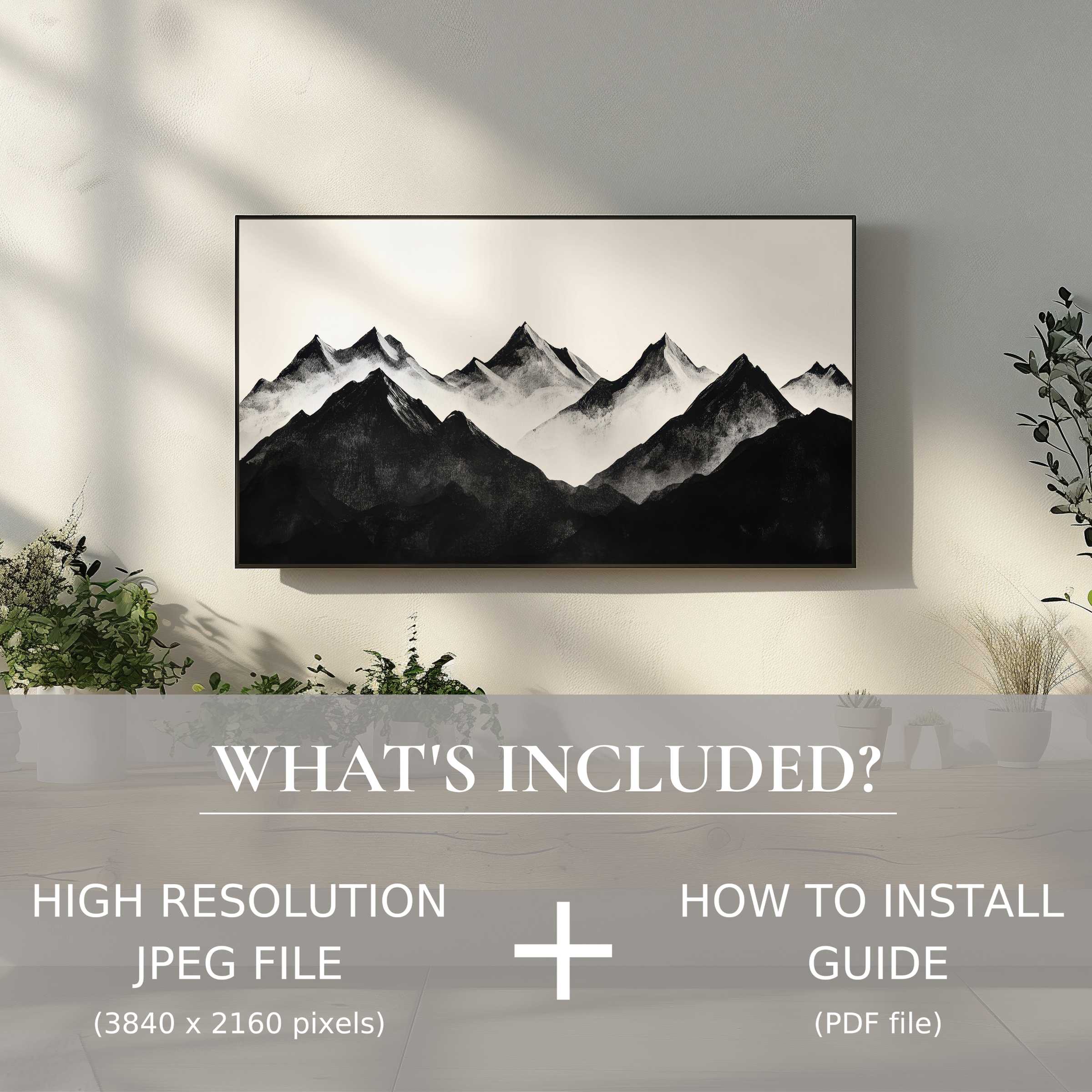 Elegant black and white digital TV art download enhances modern living spaces with easy digital use and serene mountain design