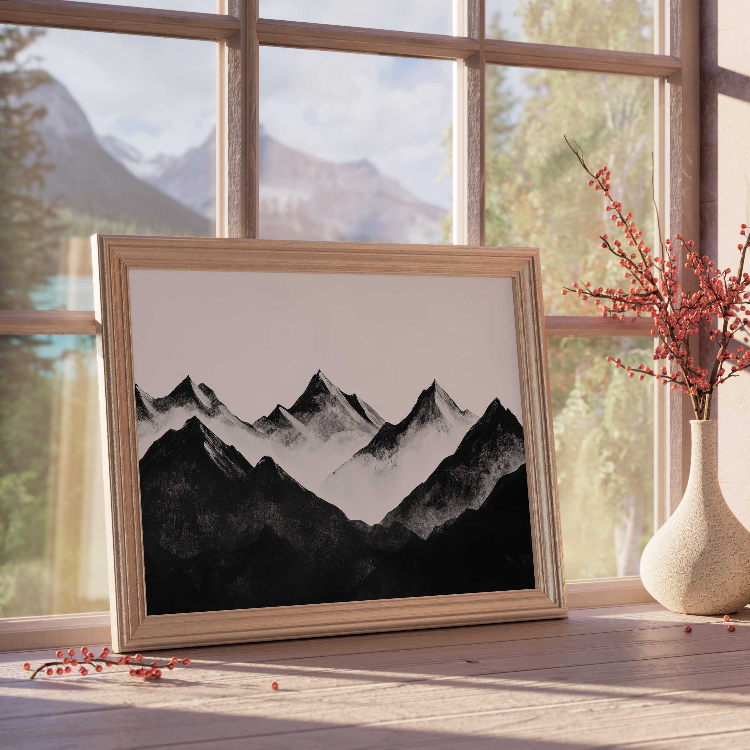 Black and white downloadable art of misty mountain peaks, evoking serene elegance and refined tranquility in curated, design-forward spaces