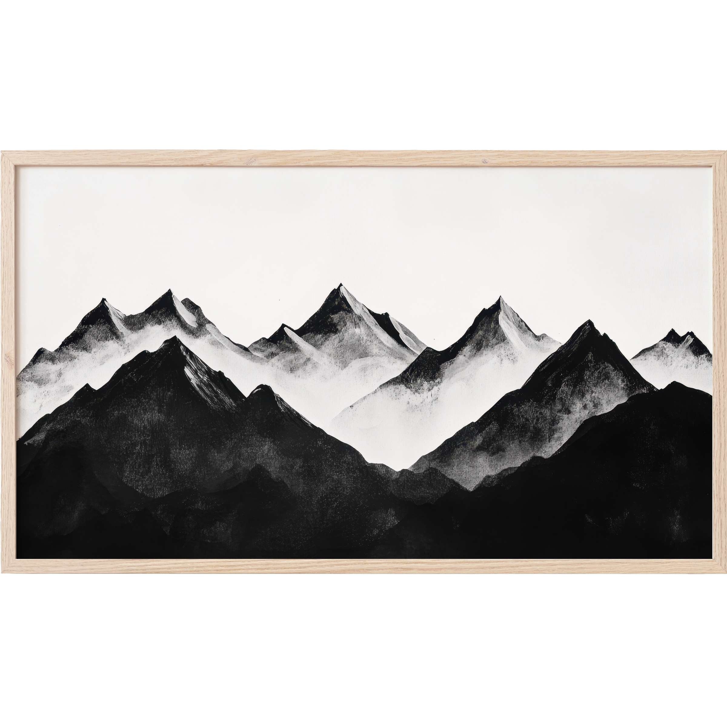 Minimalist black and white mountain landscape with misty gradients in elegant black and white Frame TV Art style