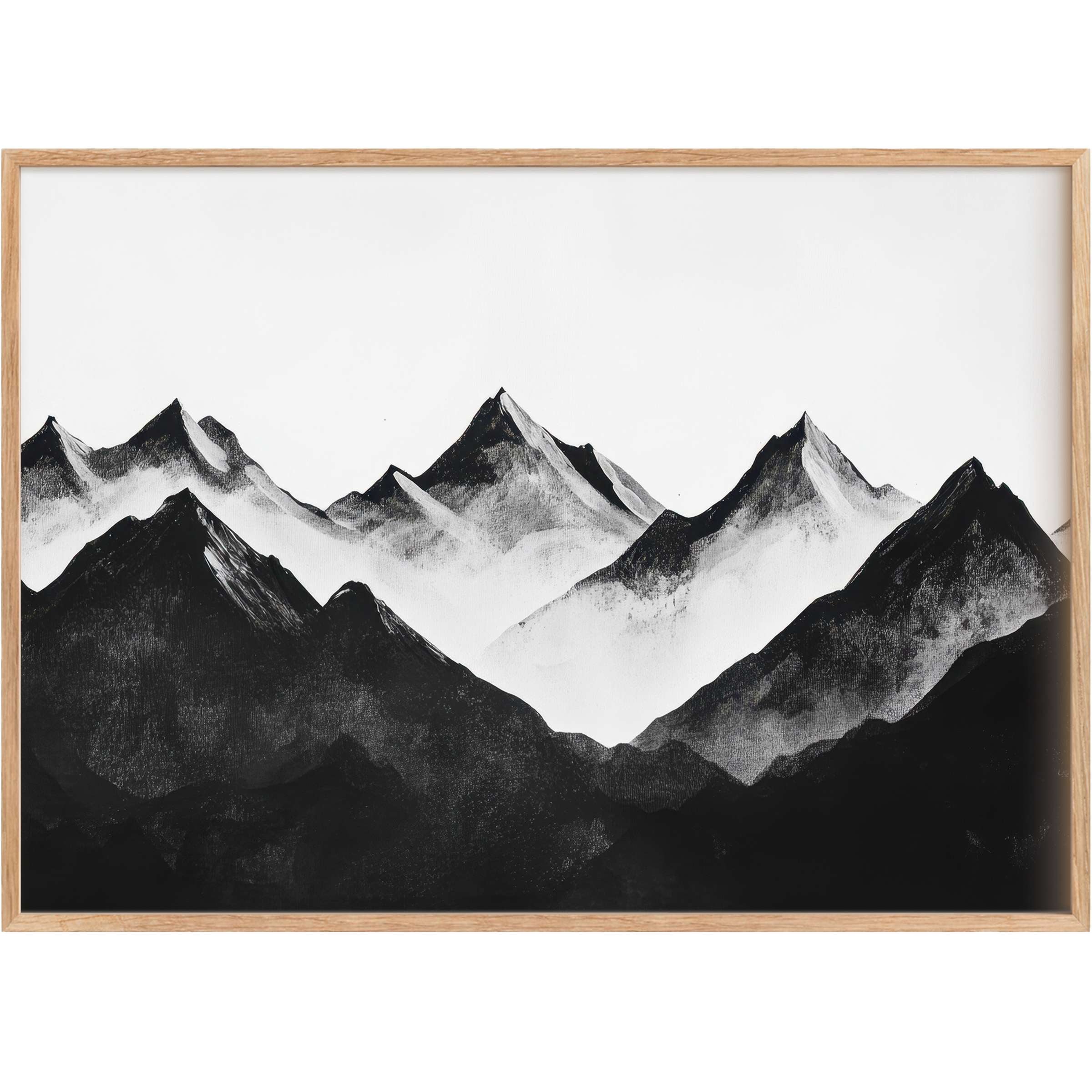 Bold black and white printable wall art captures misty mountain peaks, infusing interiors with serene yet powerful elegance