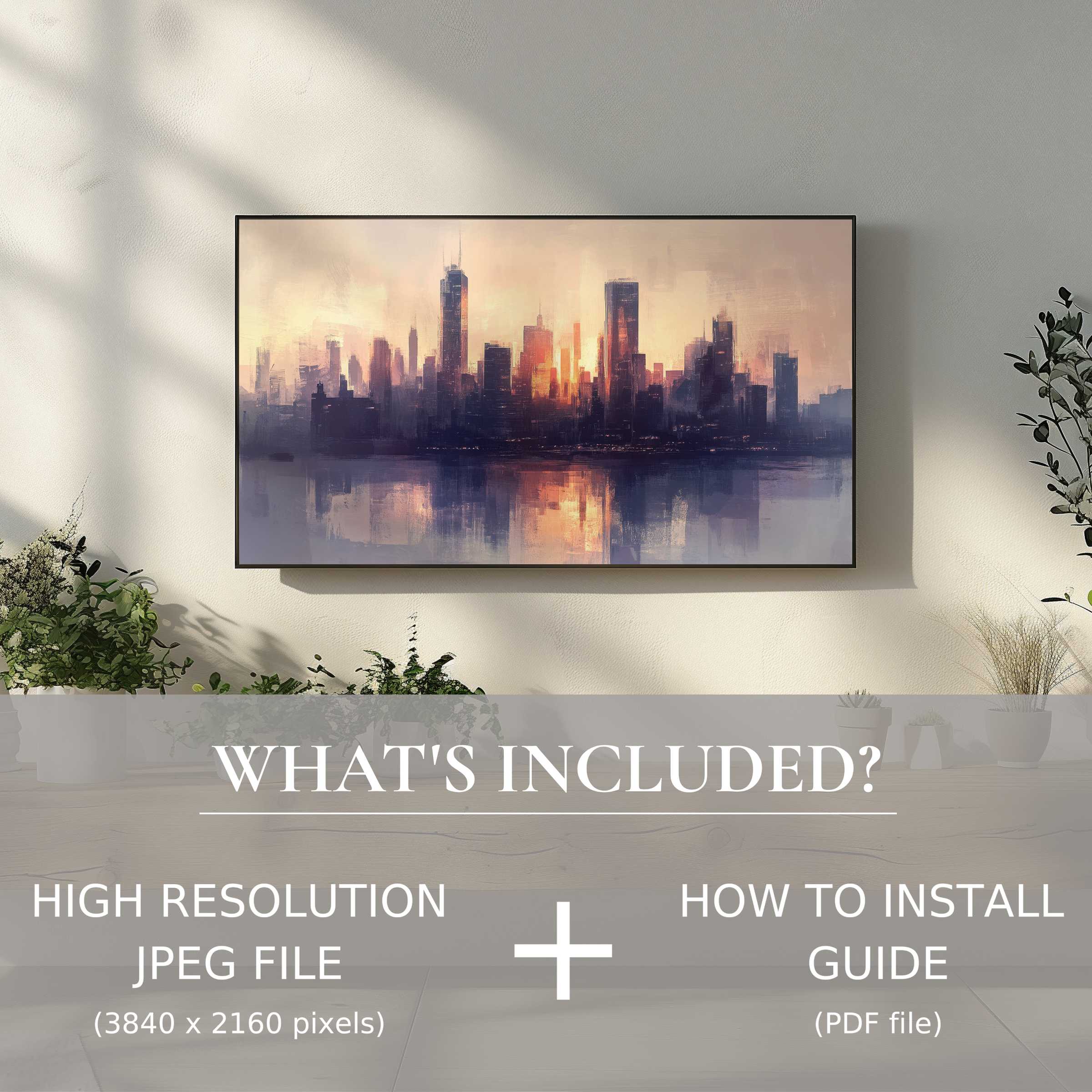 Elegant urban digital TV art download with easy use, enhancing your space with a modern cityscape at sunset ambiance