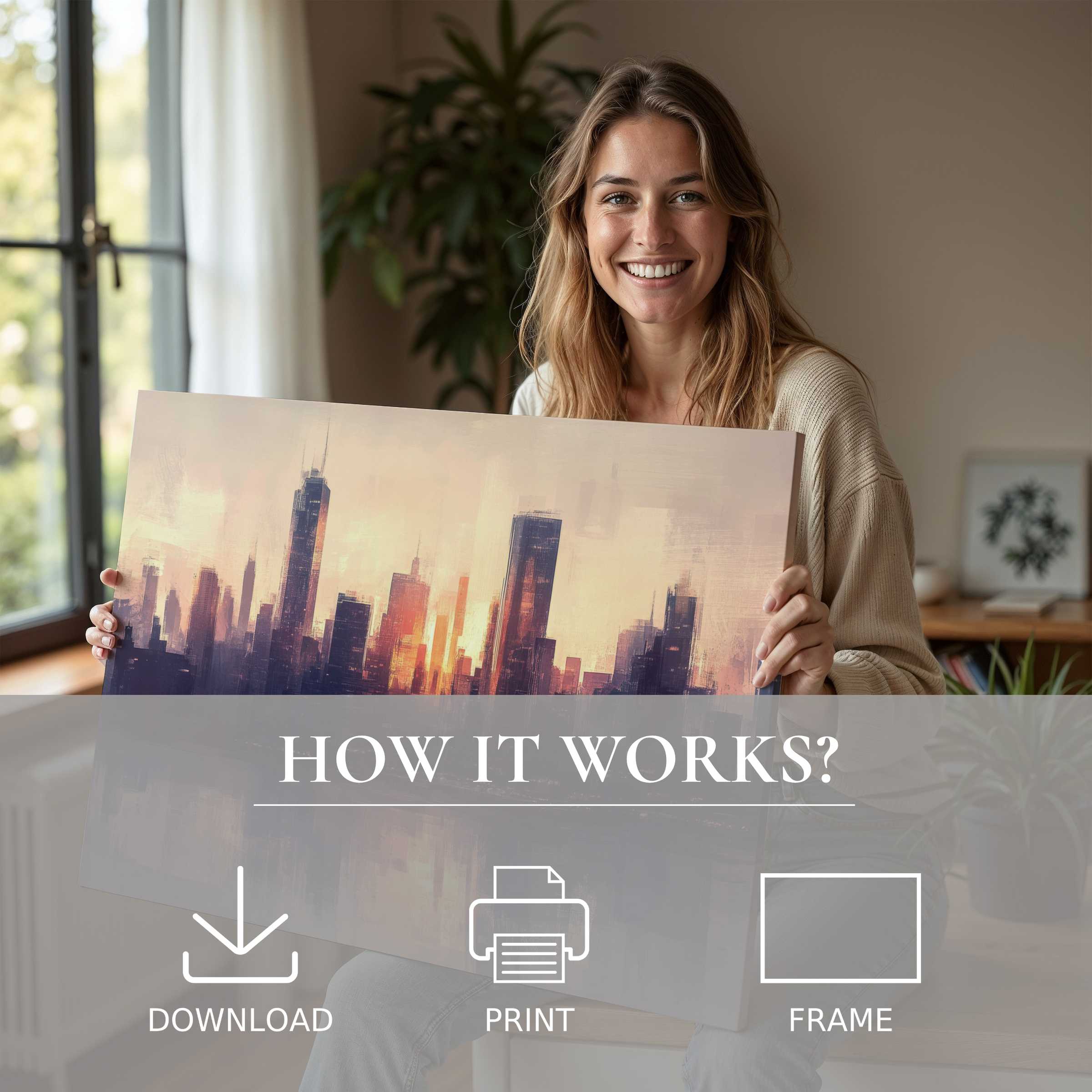 A joyful moment of connection with an urban digital art print, evoking serene warmth in a stylish modern home