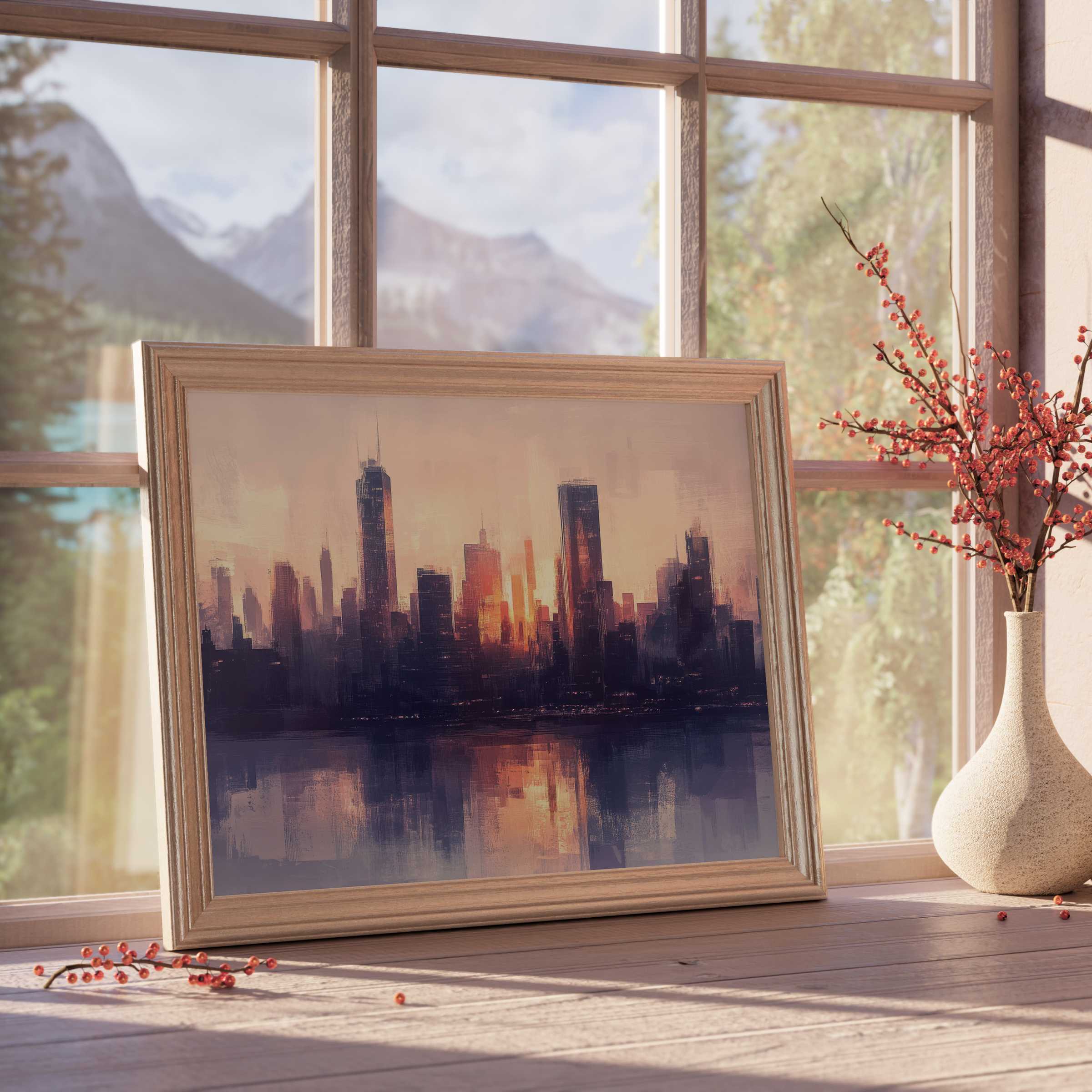 Urban downloadable art capturing a serene city skyline at sunset, infusing curated interiors with warm, tranquil elegance