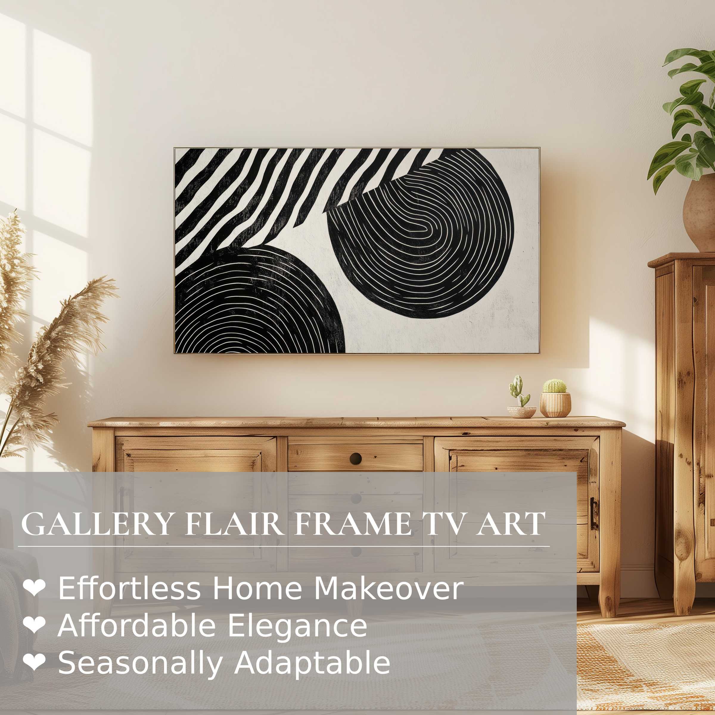 Samsung Frame TV displays modern digital artwork with monochrome abstract lines in a warm, minimalist living space