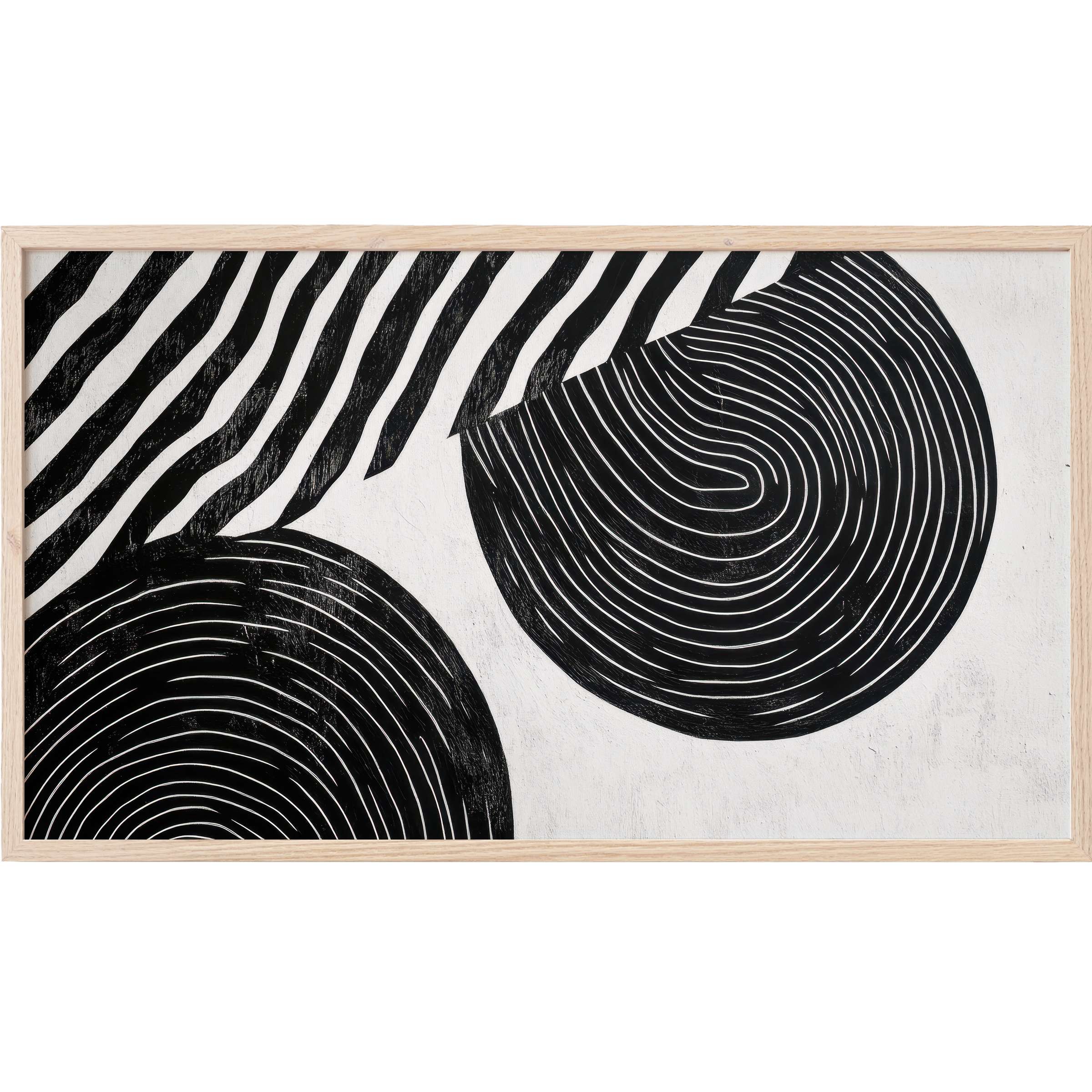 Modern Frame TV Art with bold black and white abstract lines and circular patterns in a sleek natural wood frame