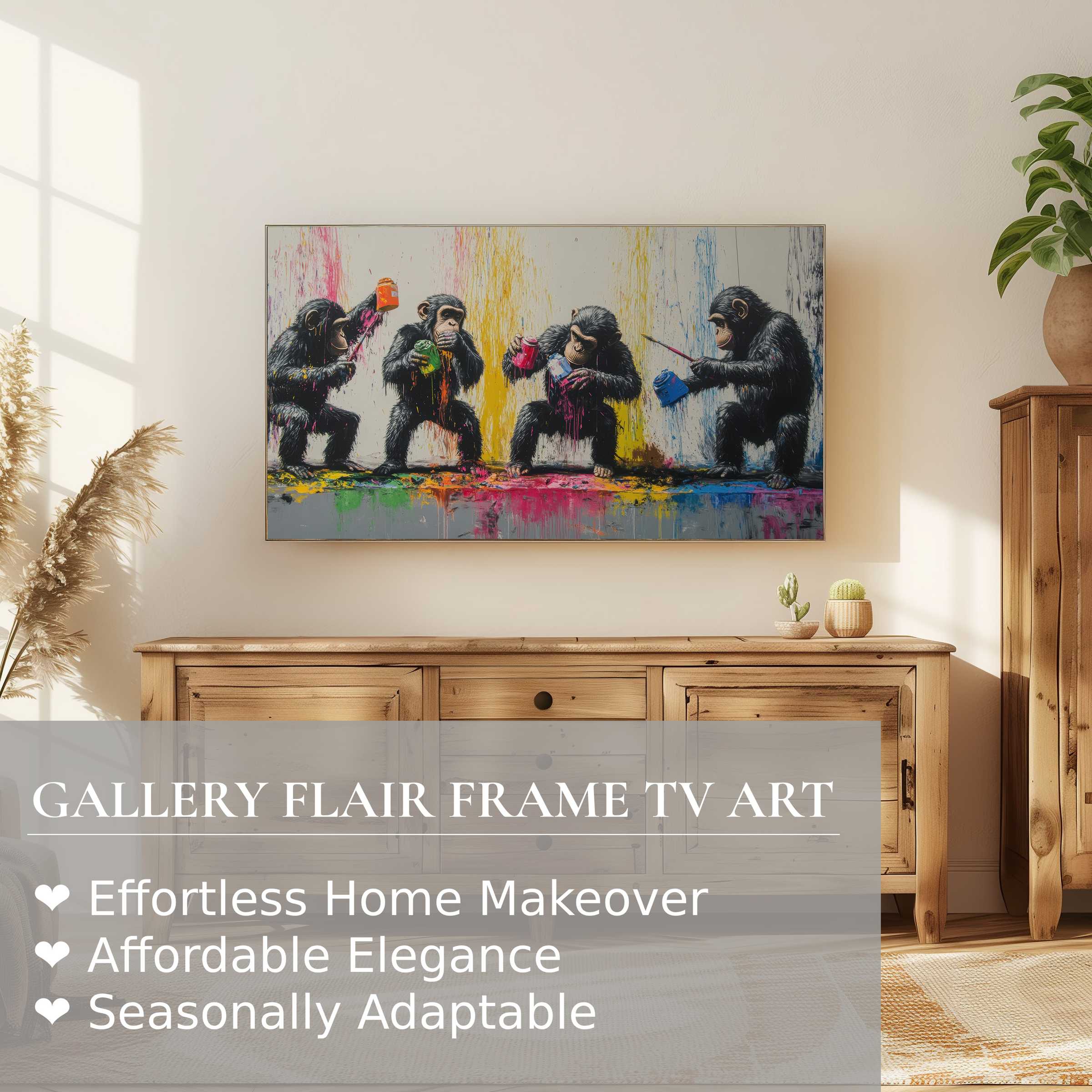 Modern living room with warm wood tones showcasing street art digital artwork on Samsung Frame TV, vibrant playful chimps