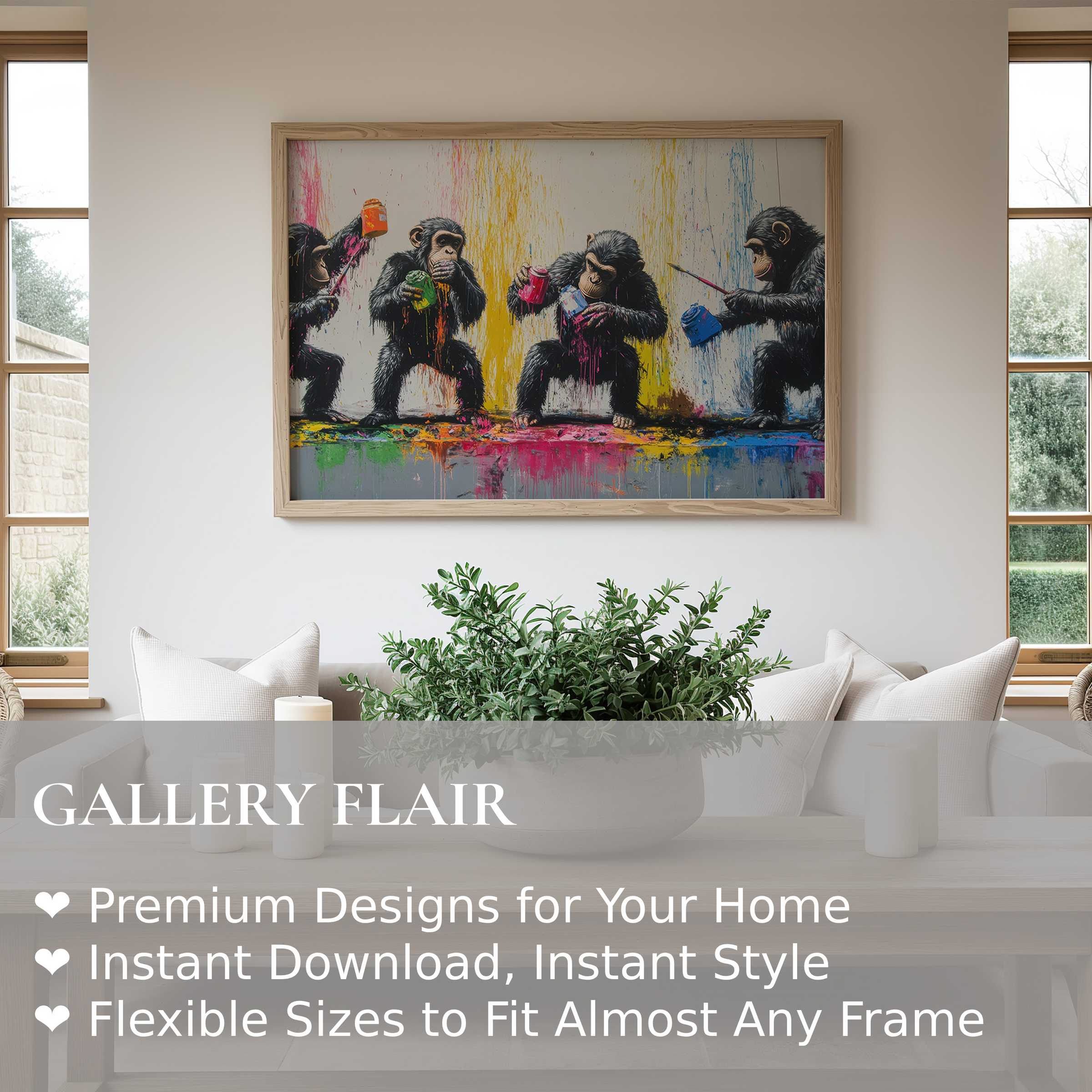 Street art wall art print featuring playful chimpanzees in vivid splashes of color, energizing a modern, minimalist living space with bold urban charm and creative flair