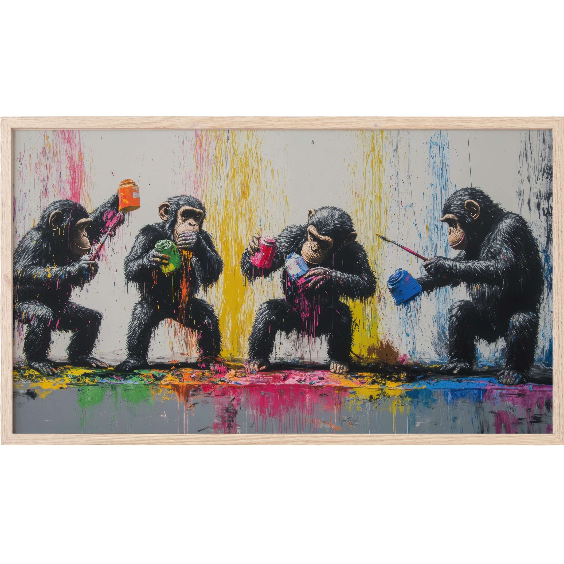 Playful chimpanzees splash vibrant paint in dynamic hues of pink, yellow, blue in street art Frame TV Art