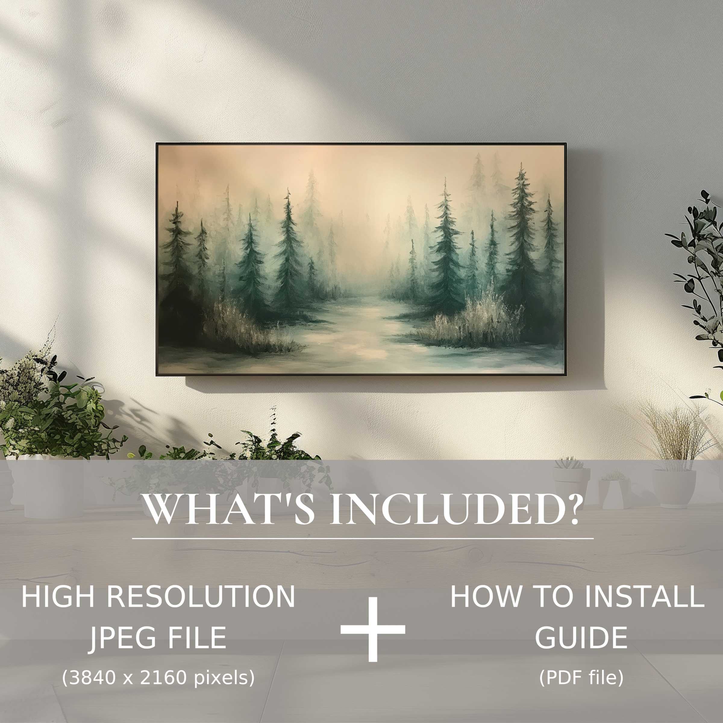 Elegant tree digital TV art download enhancing modern living rooms with easy digital use and serene forest imagery