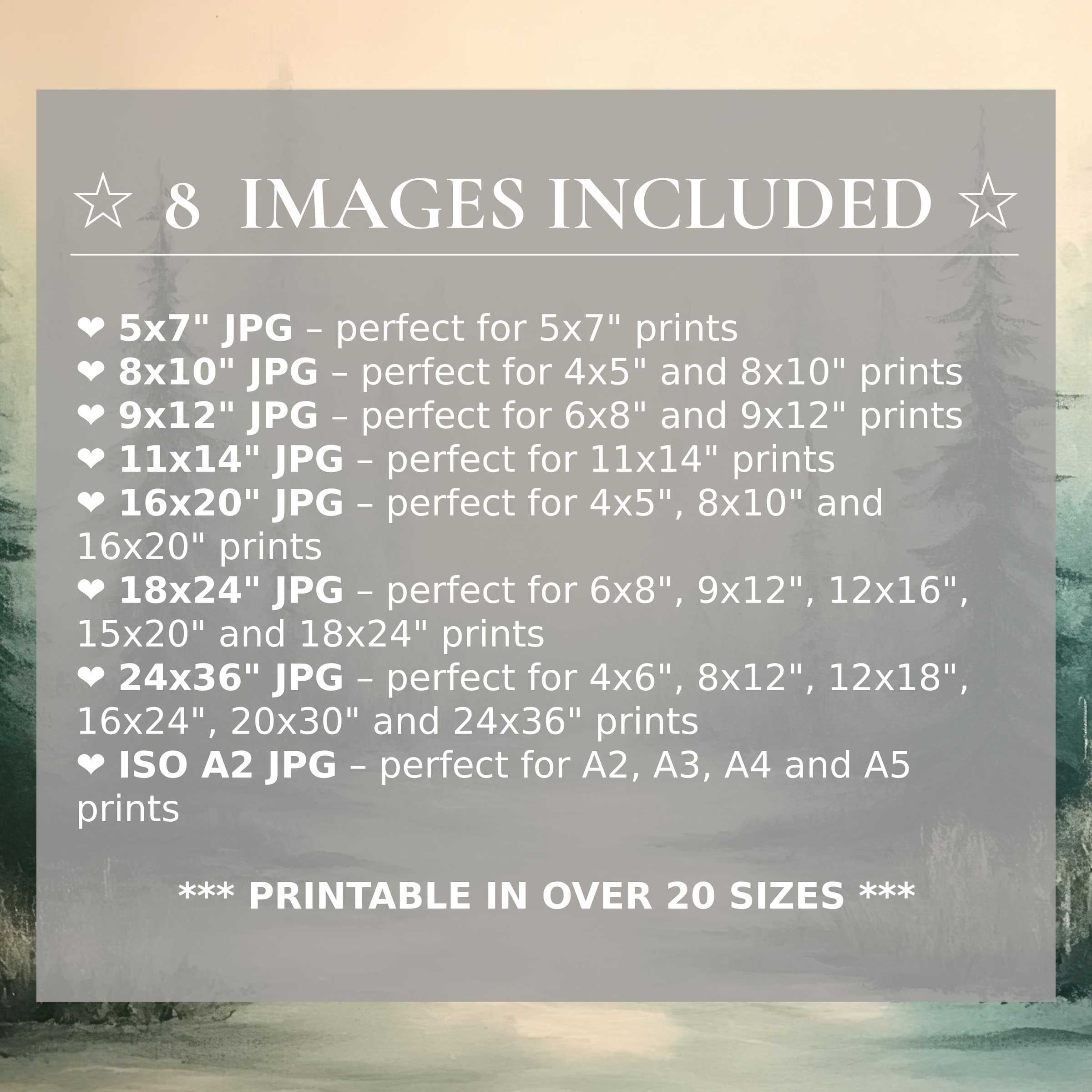 Print size guide showing 8 included JPG formats for versatile wall art printing – perfect for framing in popular sizes from 5x7 to 24x36 and A2
