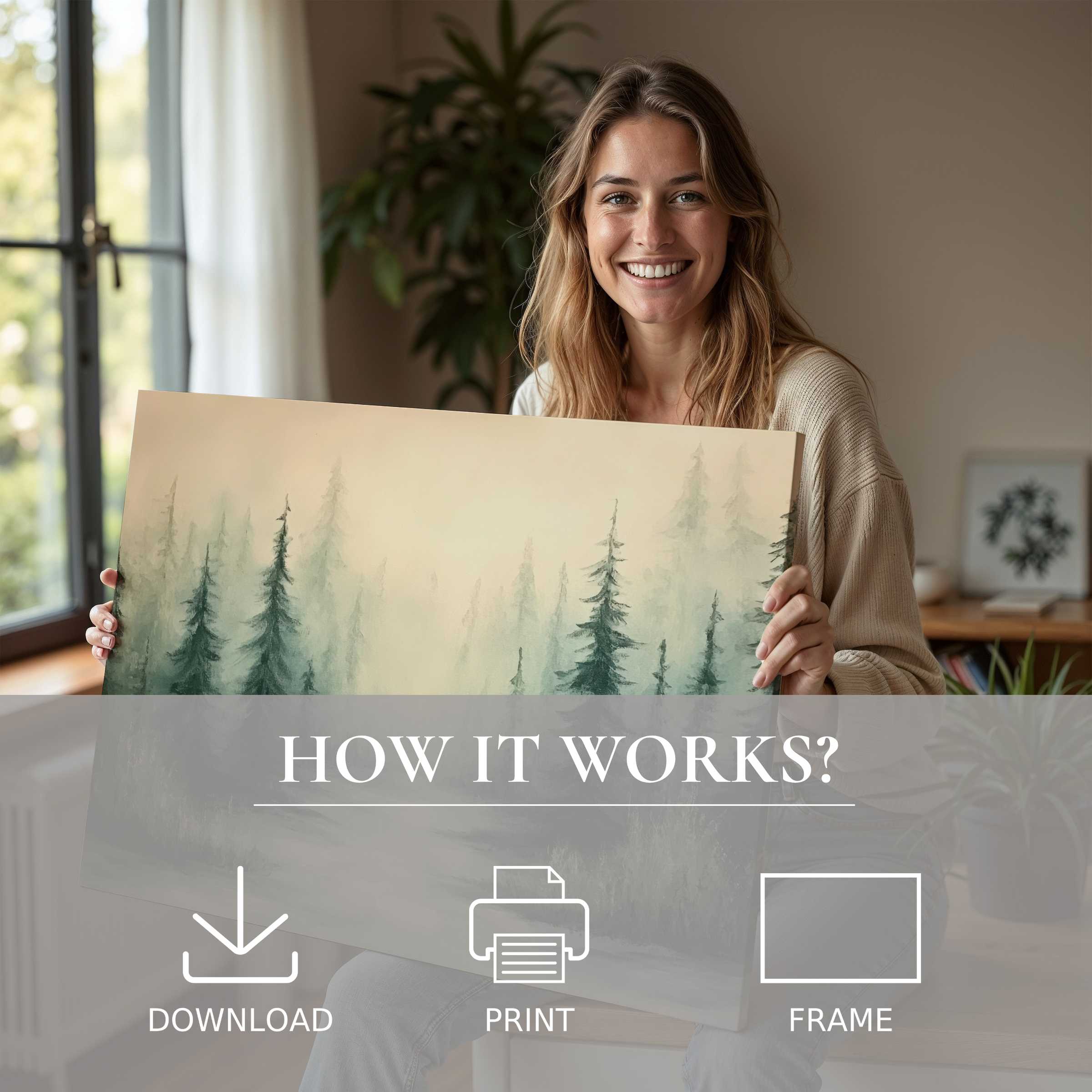 A serene moment of joy and connection as a woman showcases a tree digital art print, enriching her modern home with timeless beauty