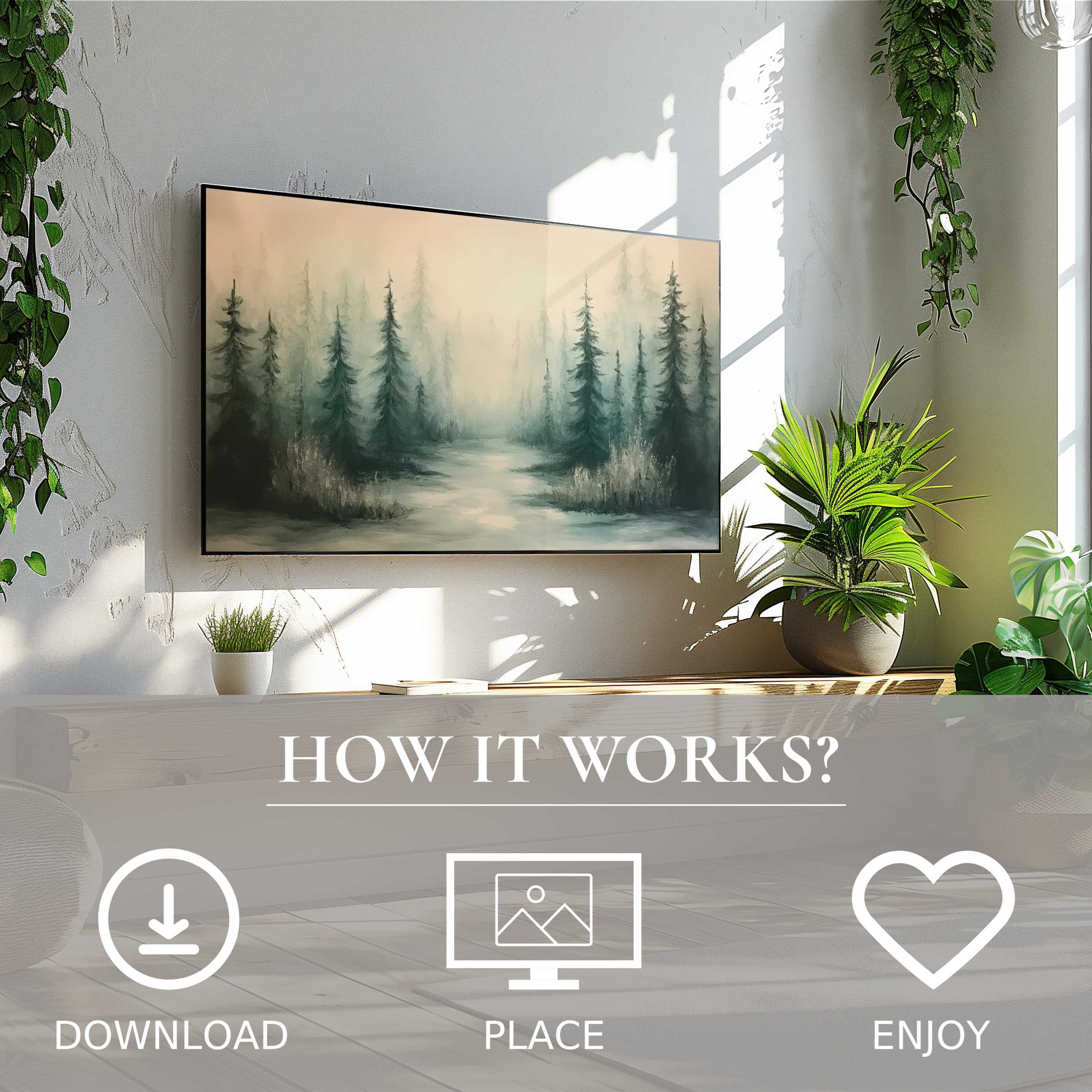 Tree art for Samsung TV shows misty pine forest in soft muted tones; easy digital download enriches modern decor