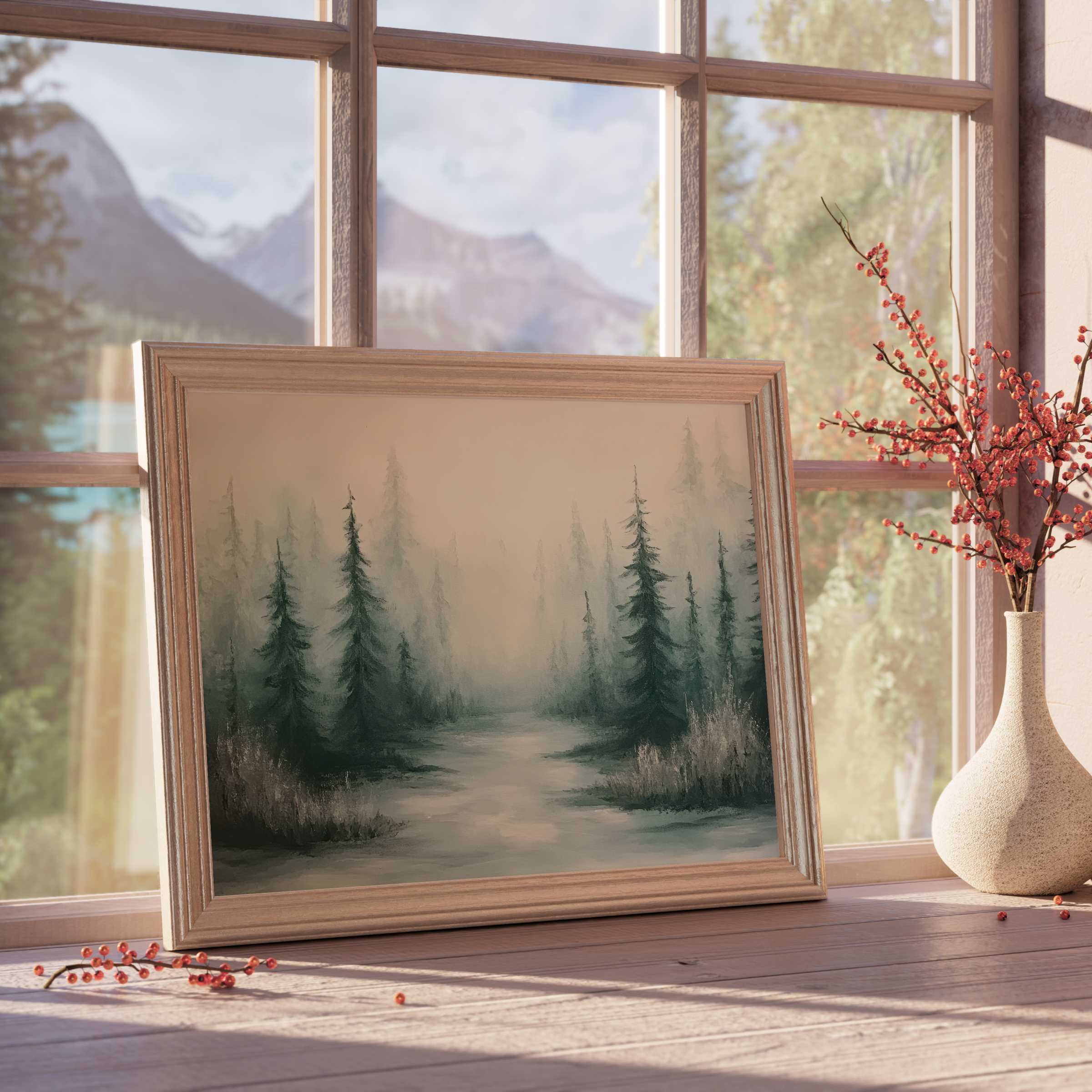 Serene tree downloadable art with misty pine forest, evoking calm and warmth in curated, nature-inspired luxe interiors