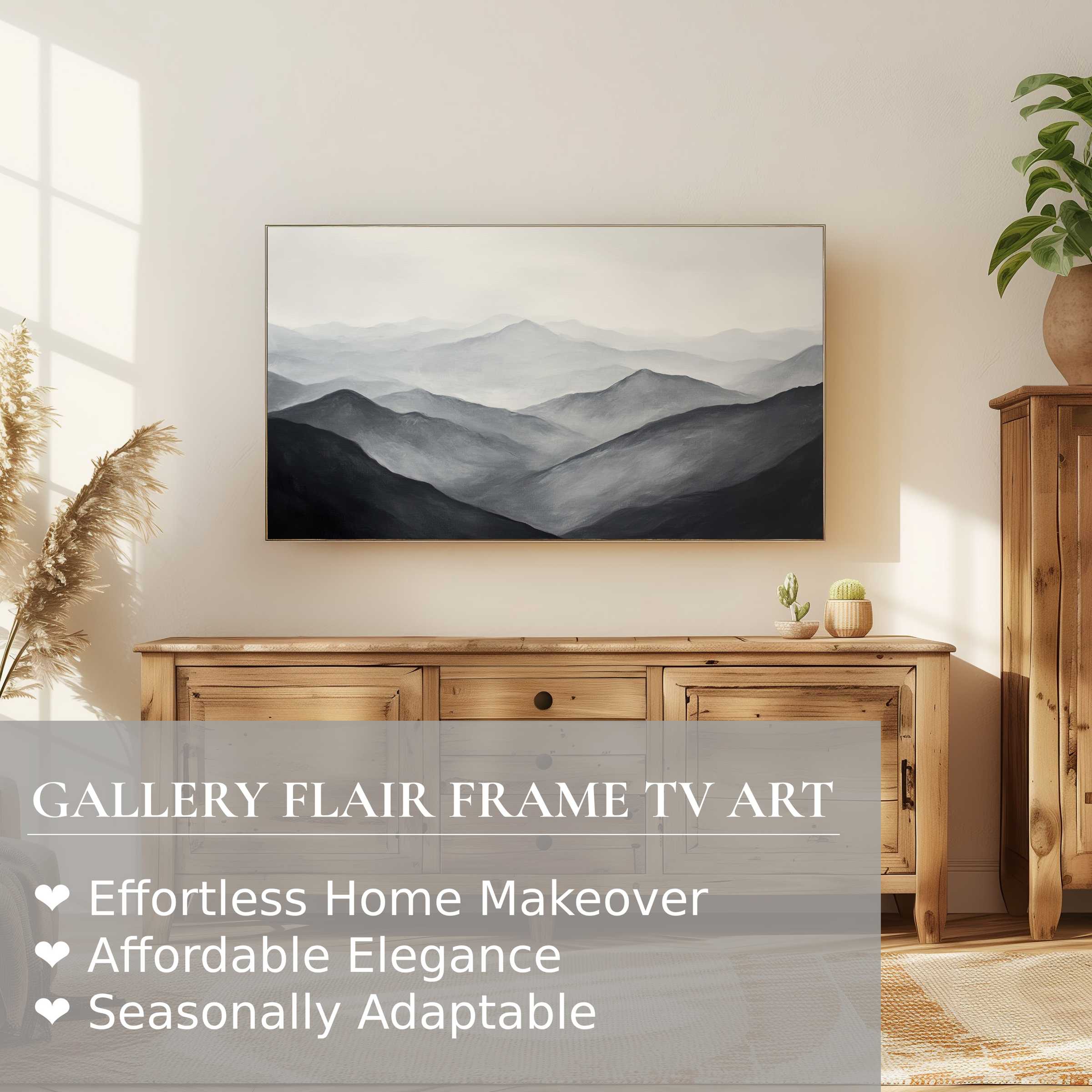 Samsung Frame TV displays neutral digital artwork of misty mountains, enhancing modern, elegant home decor
