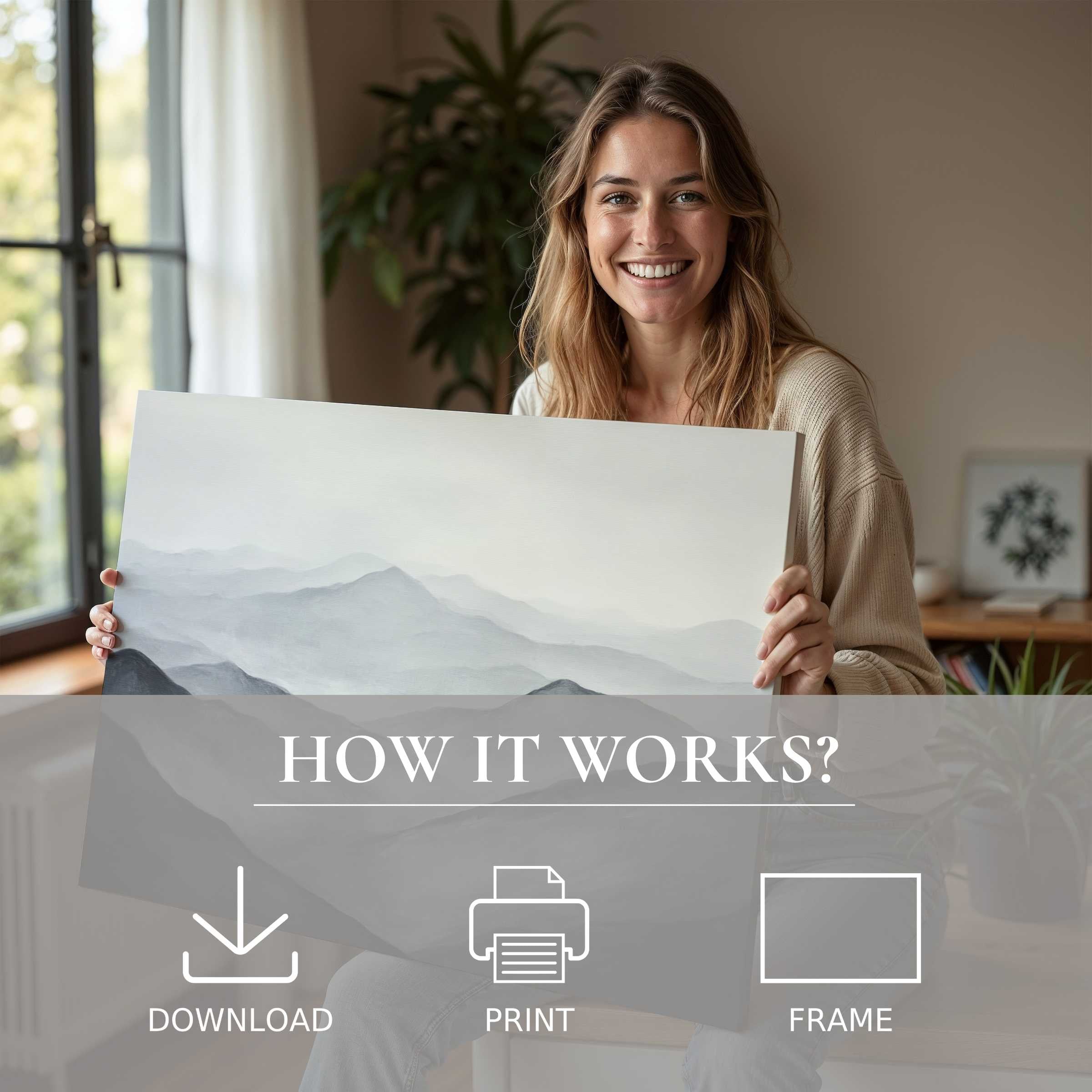 A serene moment of joy as a woman showcases a neutral digital art print in a modern, sunlit home, embodying effortless elegance and the transformative beauty of living with art