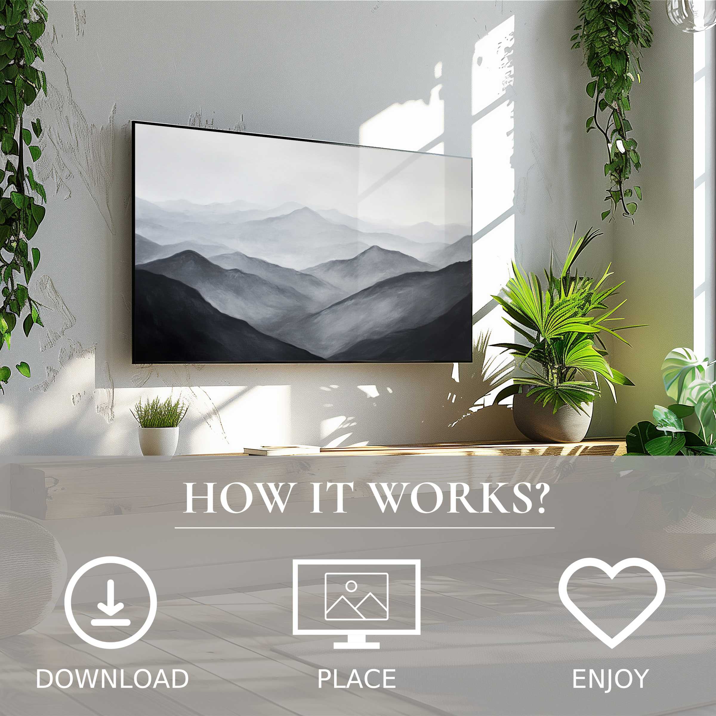 Neutral art for Samsung TV showing misty gray mountain layers; easy digital download enriches your modern living space