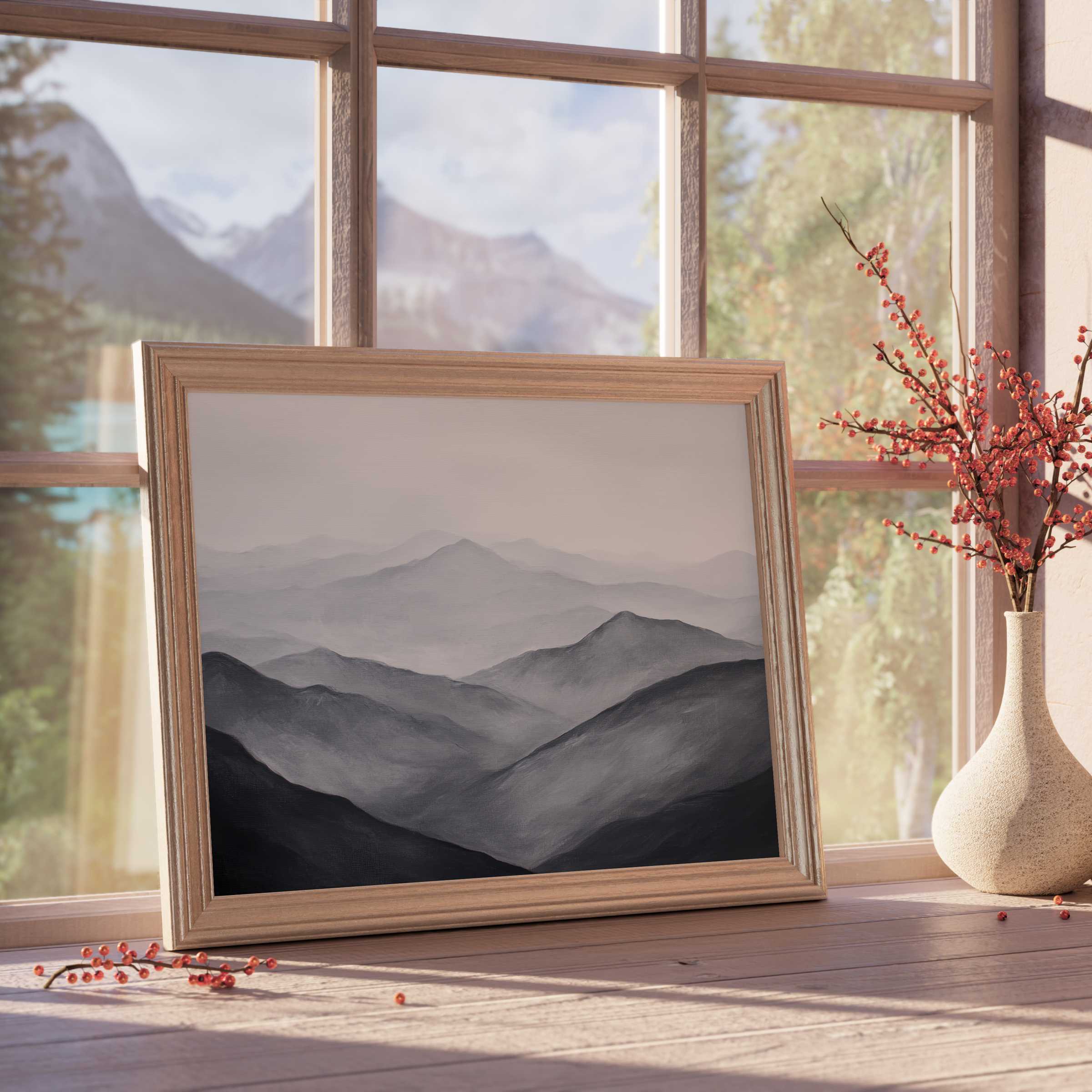 Serene neutral downloadable art of misty mountain layers, elevating calm, curated interiors with timeless, monochrome elegance