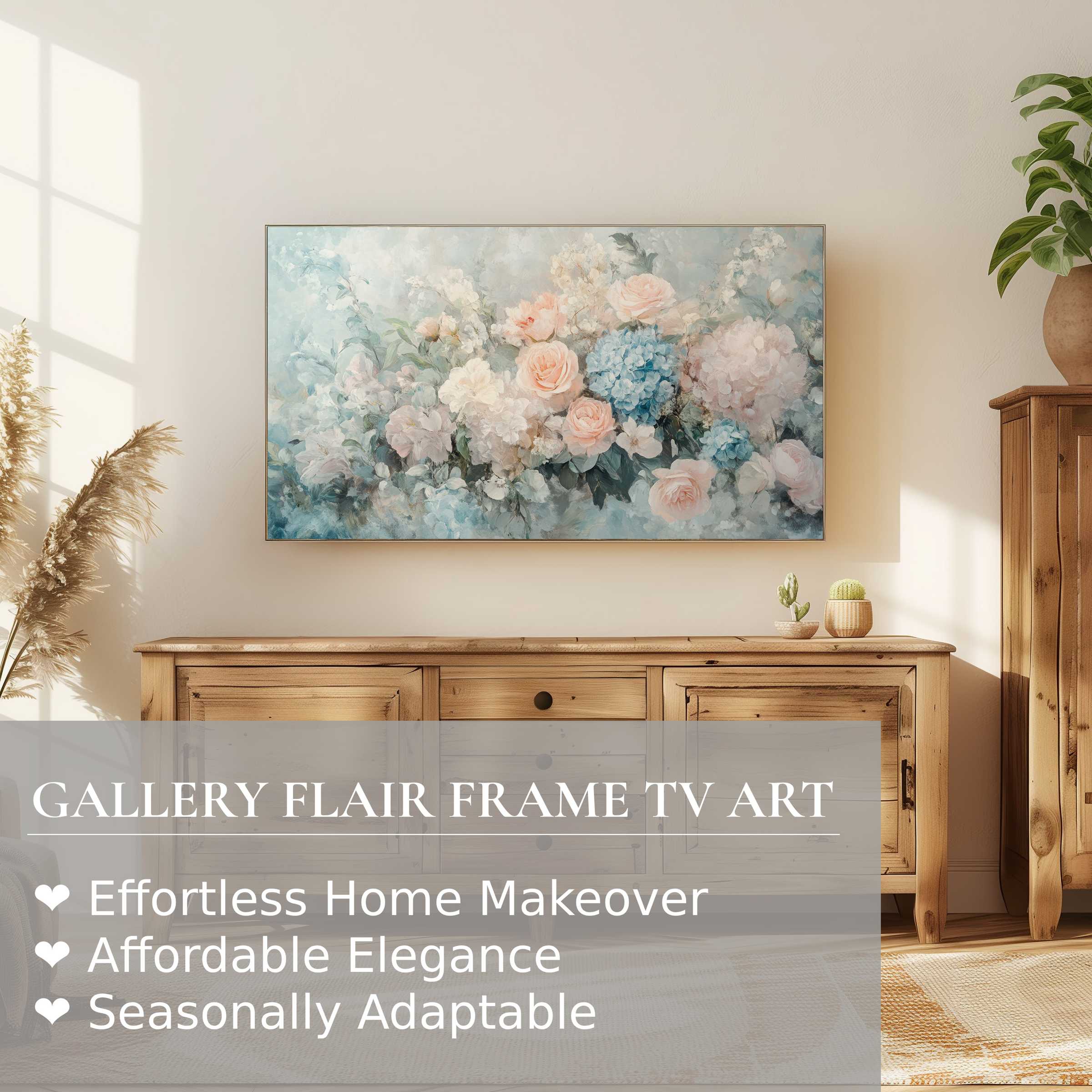 Samsung Frame TV displaying serene floral digital artwork in a modern, sunlit room with rustic wood furniture