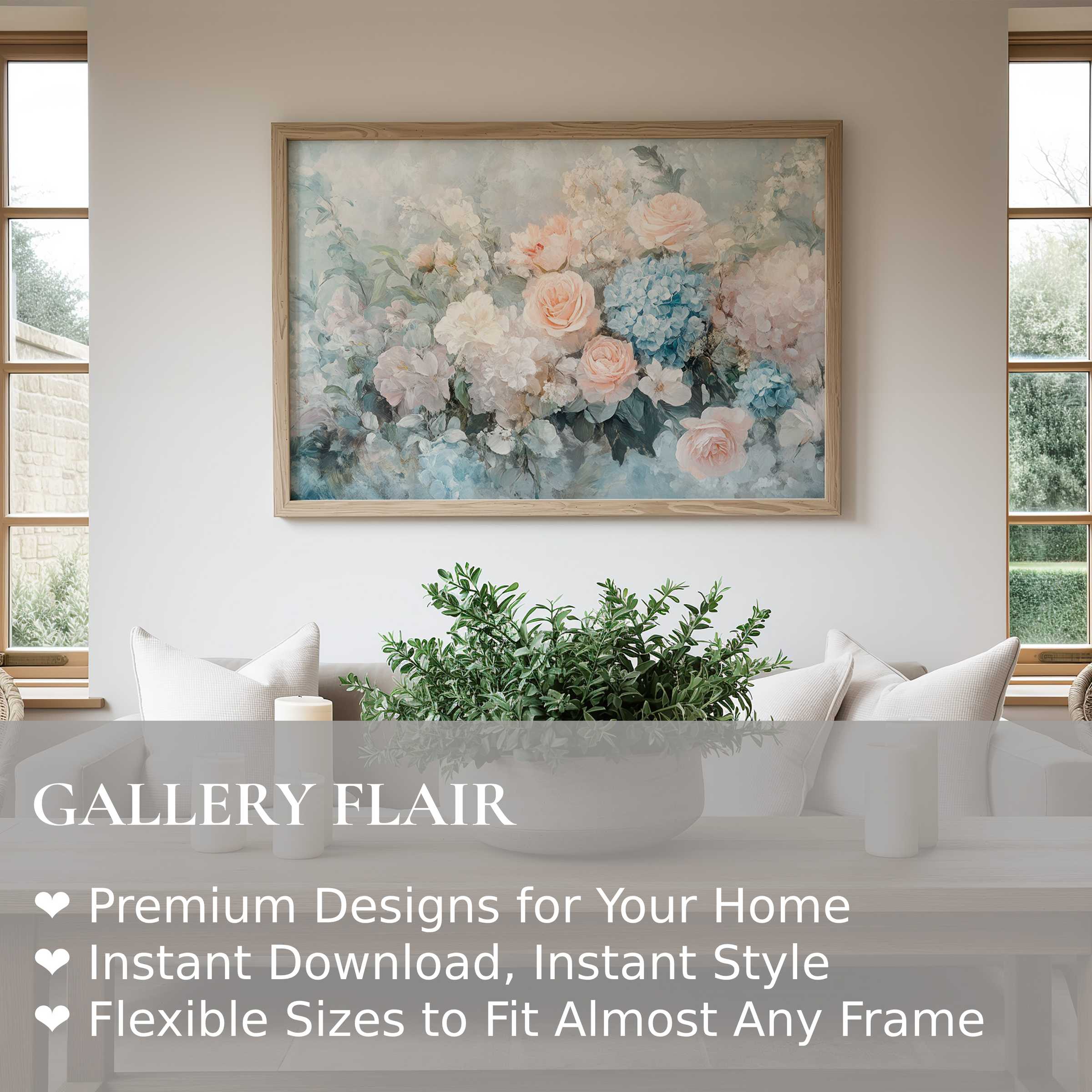 Soft pastel floral wall art print featuring roses and hydrangeas, elevating serene modern living rooms with timeless botanical elegance