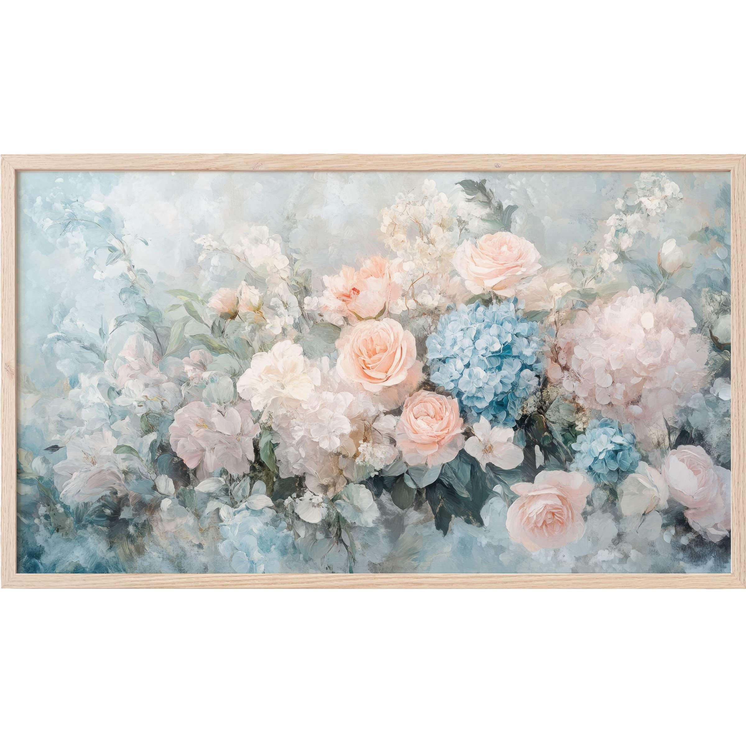 Floral Frame TV Art with soft pastel blooms in blush, blue, and cream, rendered in a dreamy, impressionistic style