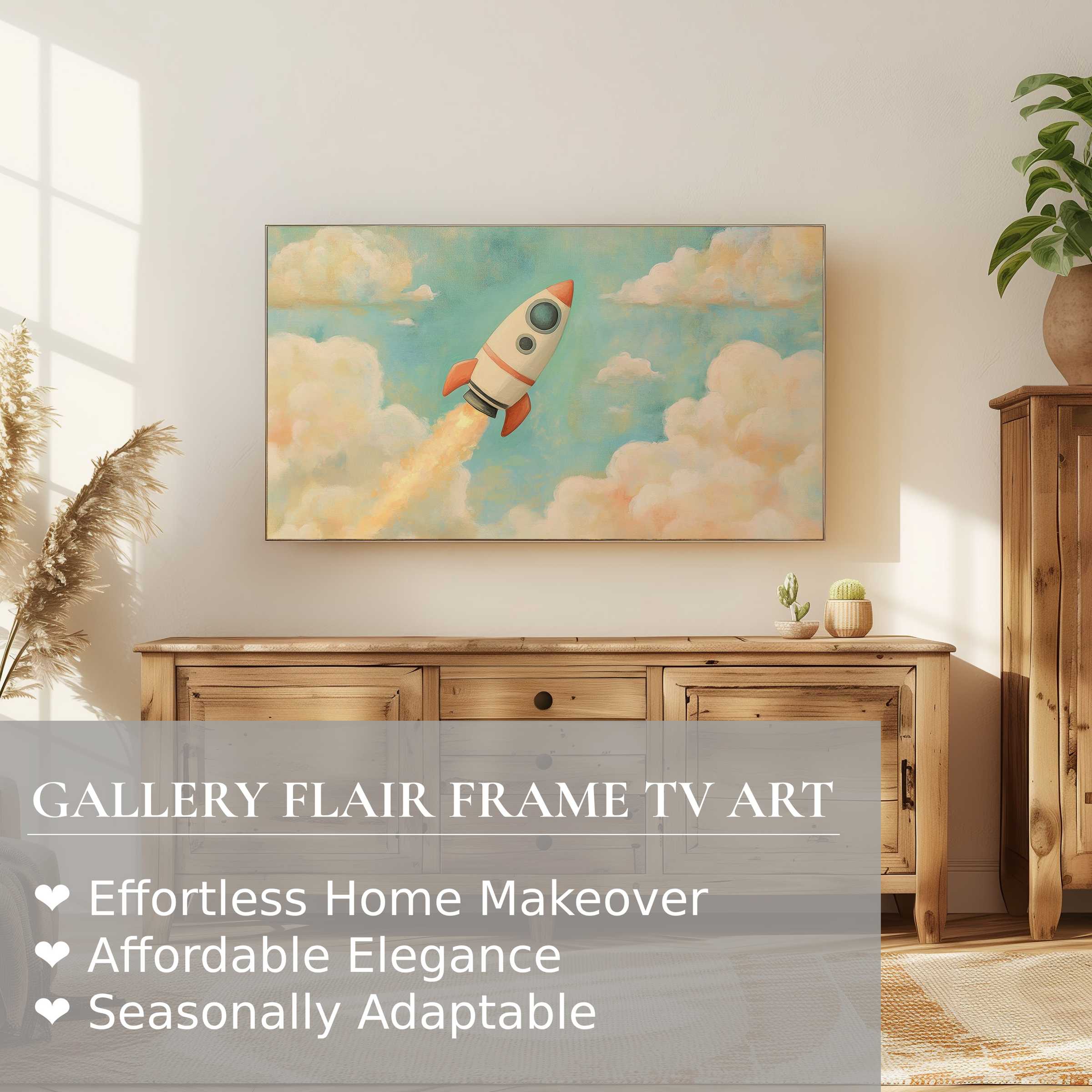 Modern nursery digital artwork of rocket in clouds on Samsung Frame TV above rustic wood cabinet