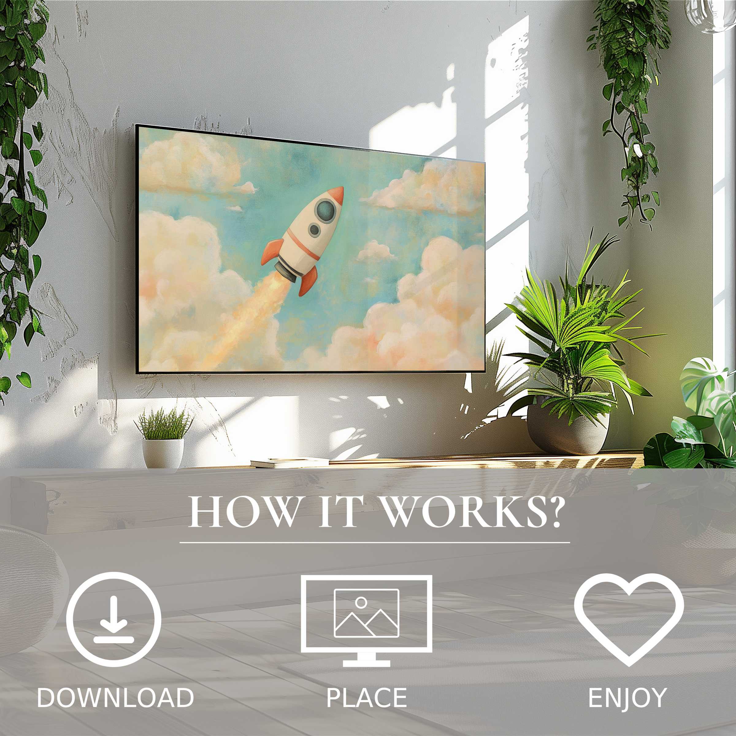 Nursery art for Samsung TV shows soft rocket motif with clouds; easy digital download brightens modern living spaces
