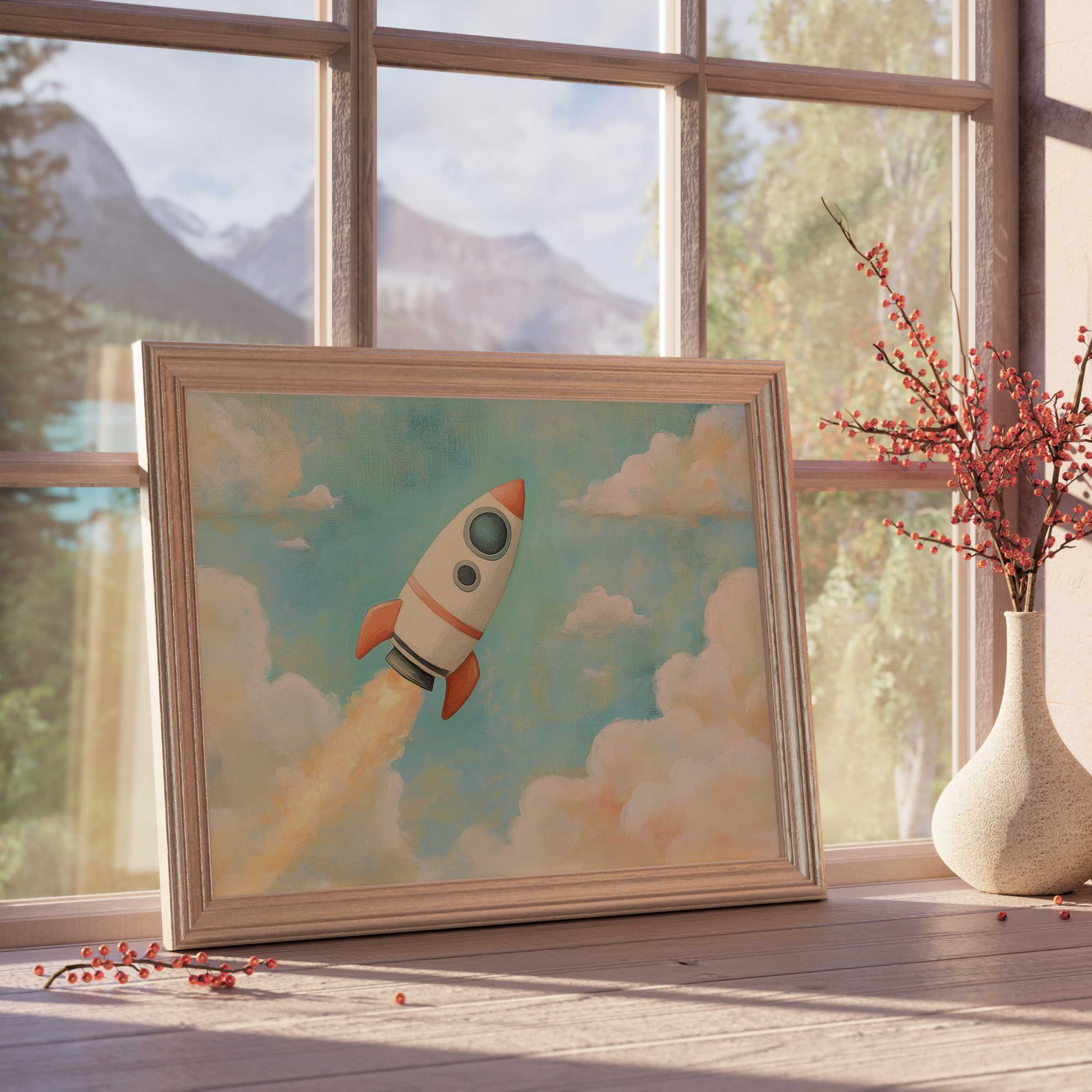 Nursery downloadable art featuring a whimsical rocket soaring through soft clouds, infusing nursery spaces with warm, serene charm