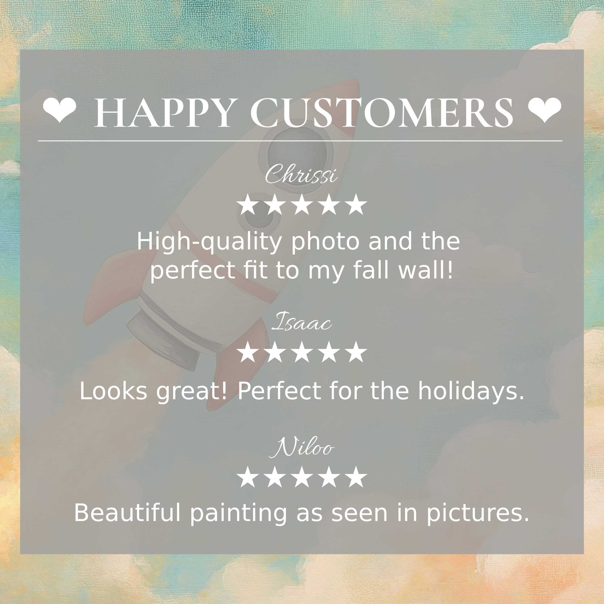 Modern nursery art for Frame TV with abstract pastel sky background and happy customer reviews building trust