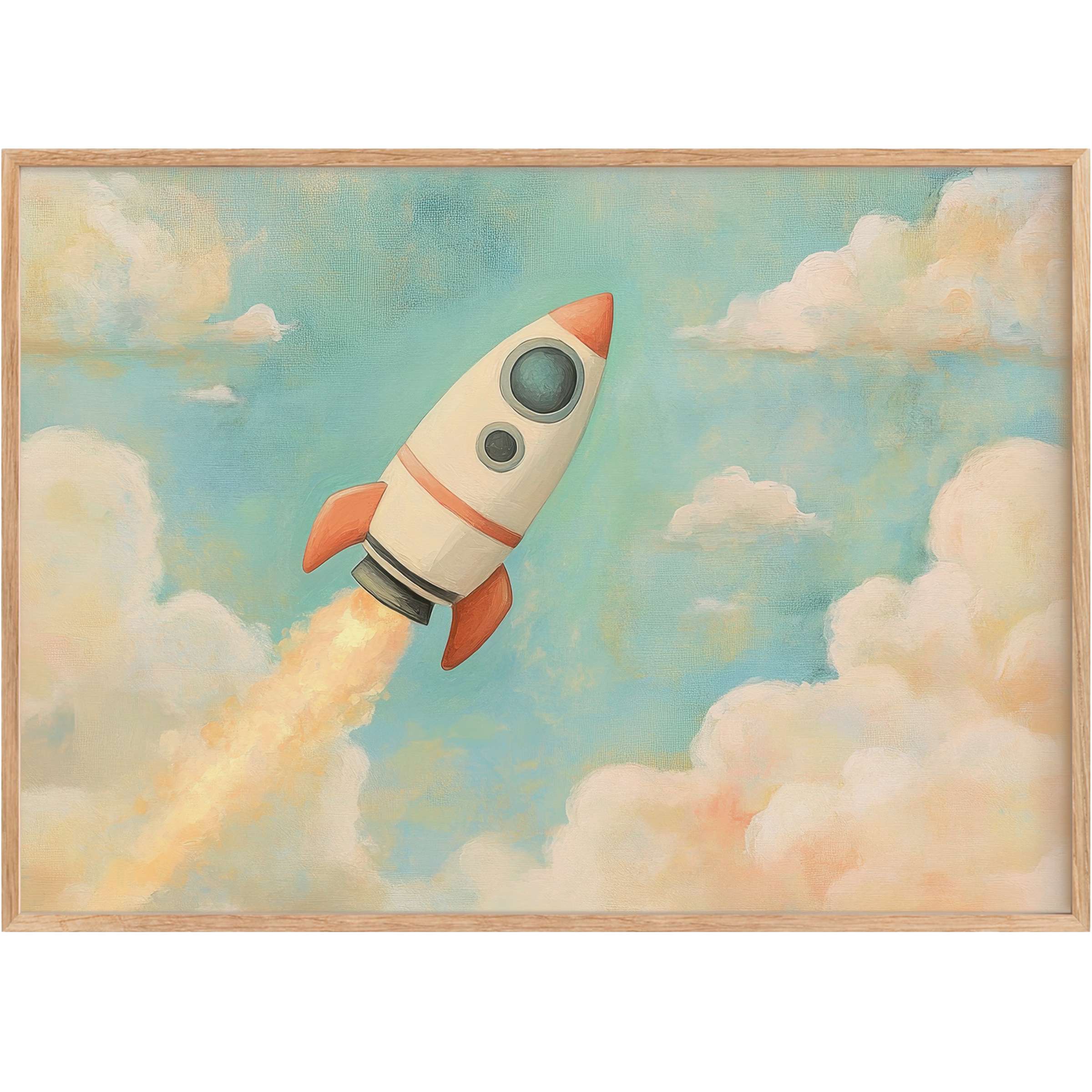 Whimsical nursery printable wall art featuring a vintage rocket ascending through pastel clouds, evoking a serene, dreamy ambiance