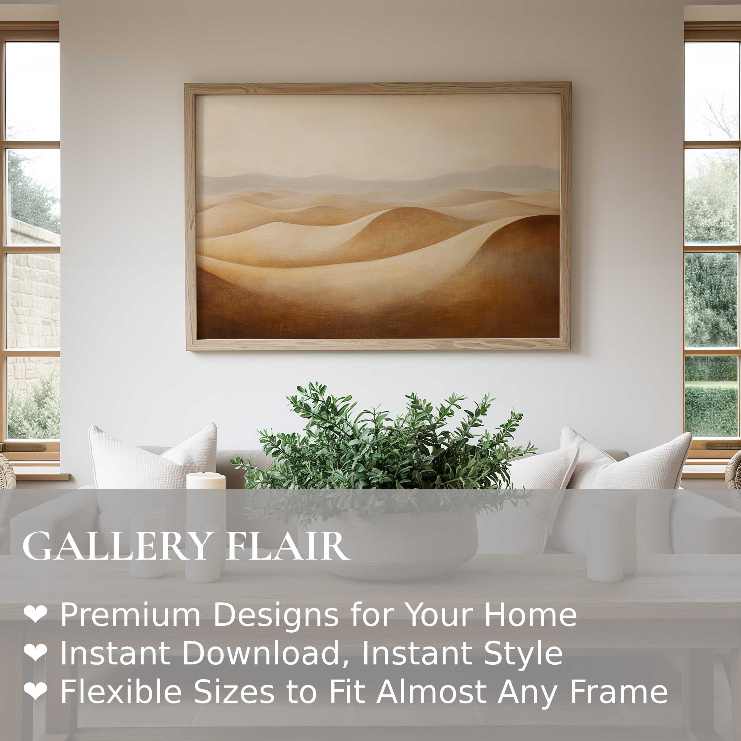 Vintage wall art print of serene desert dunes in warm earthy tones, adding calming, modern elegance to a minimalist living room