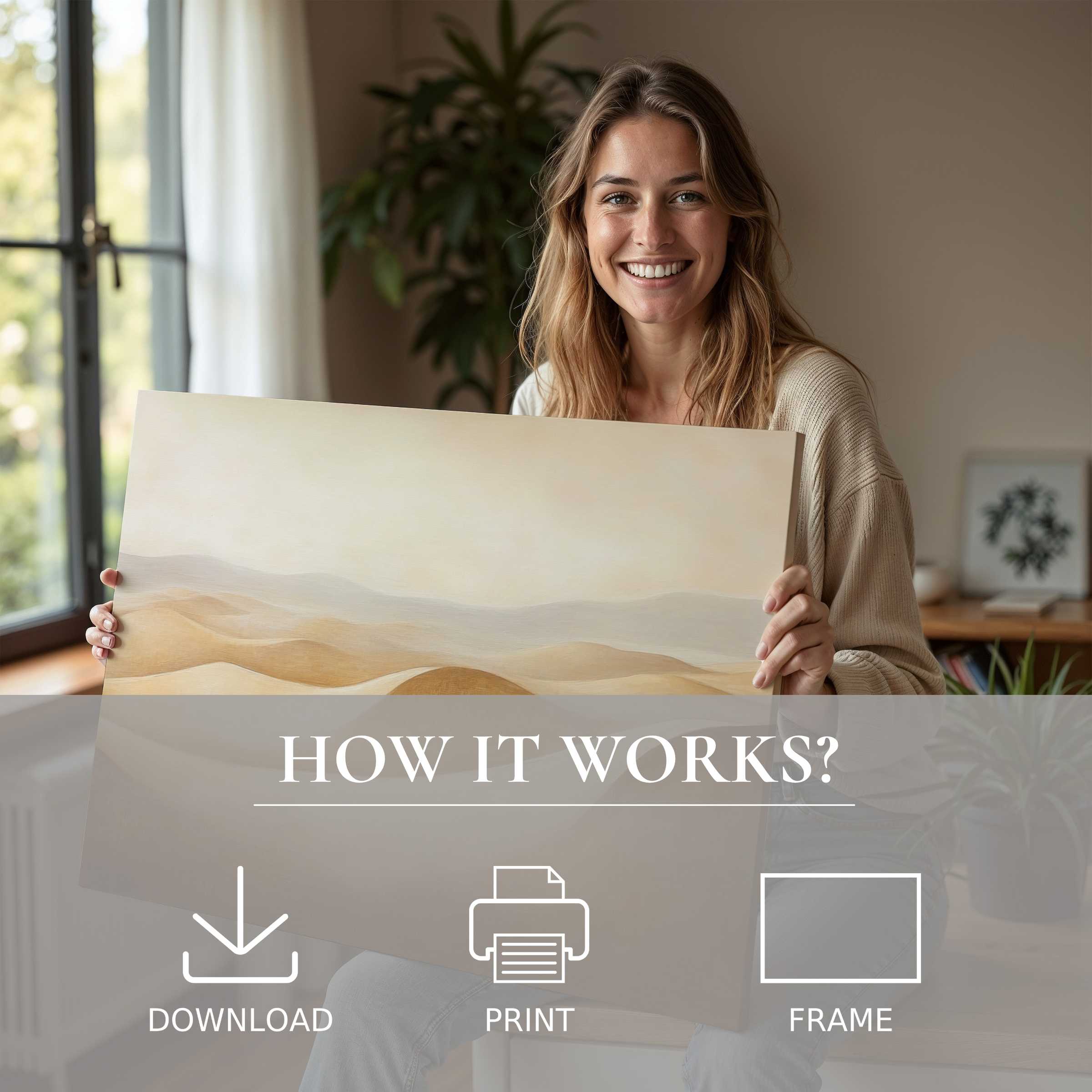 Radiant joy in a modern home as a woman embraces a vintage digital art print, embodying seamless elegance and serene connection