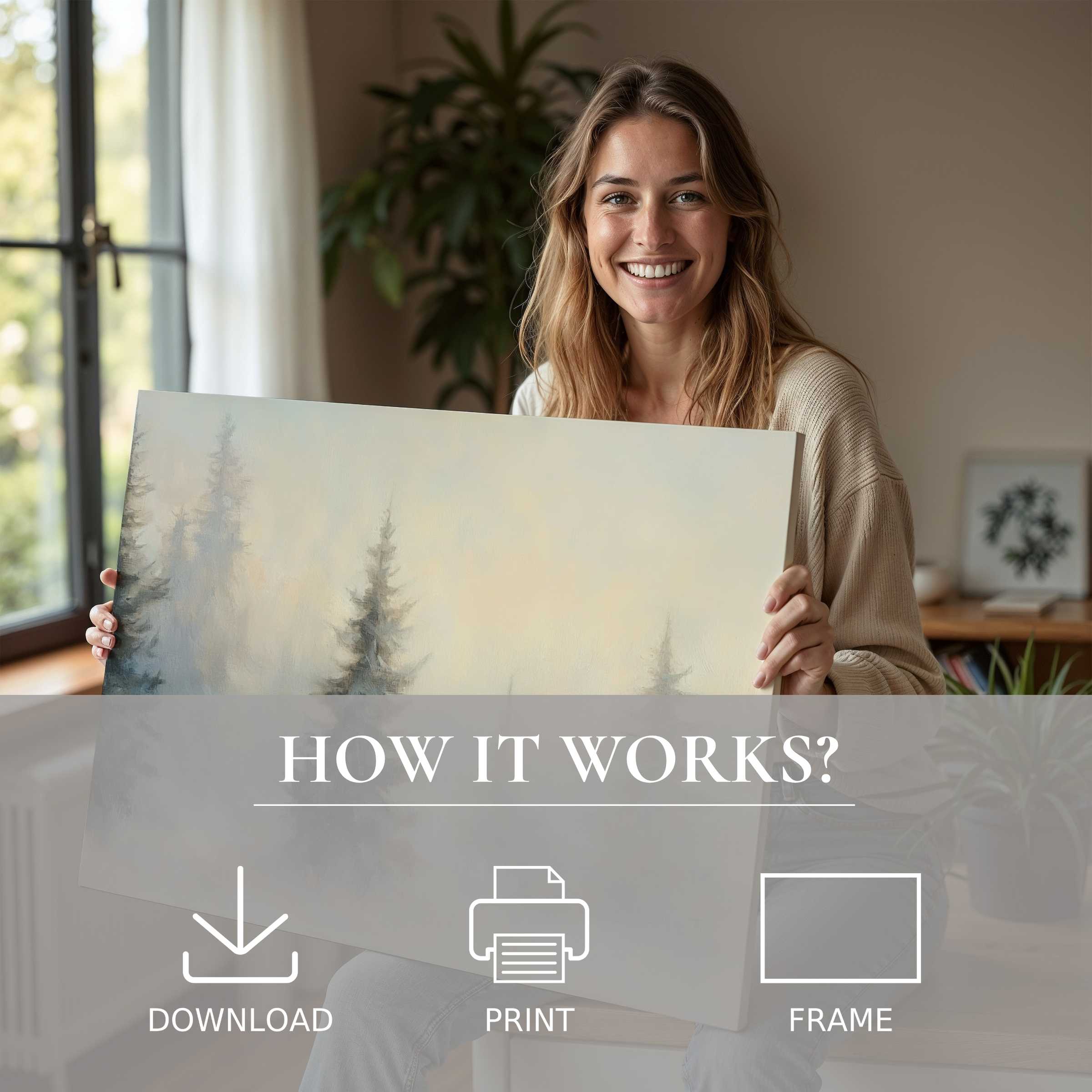 Radiant landscape digital art print enriches a serene modern home, inspiring joyful connection through effortless elegance