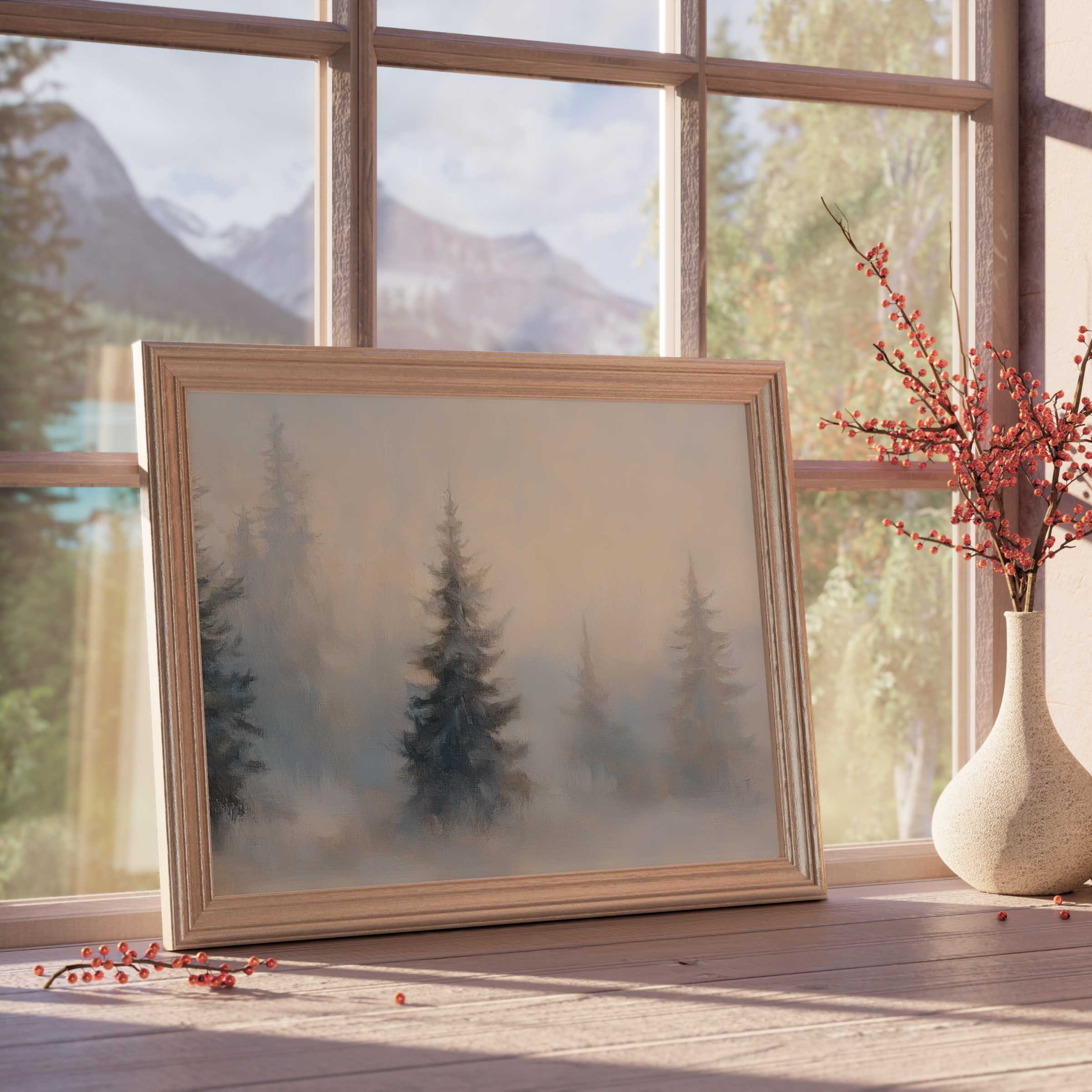 Serene landscape downloadable art of misty evergreens in soft, muted tones enhancing tranquil, refined home interiors