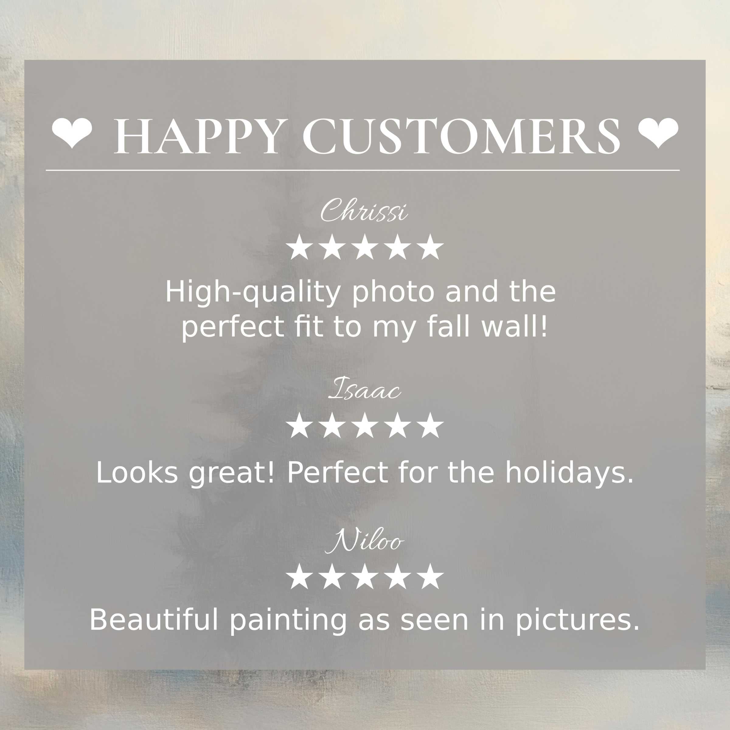 Happy customer reviews showcase elegant landscape art for Frame TV with subtle, abstract sunset hues in background