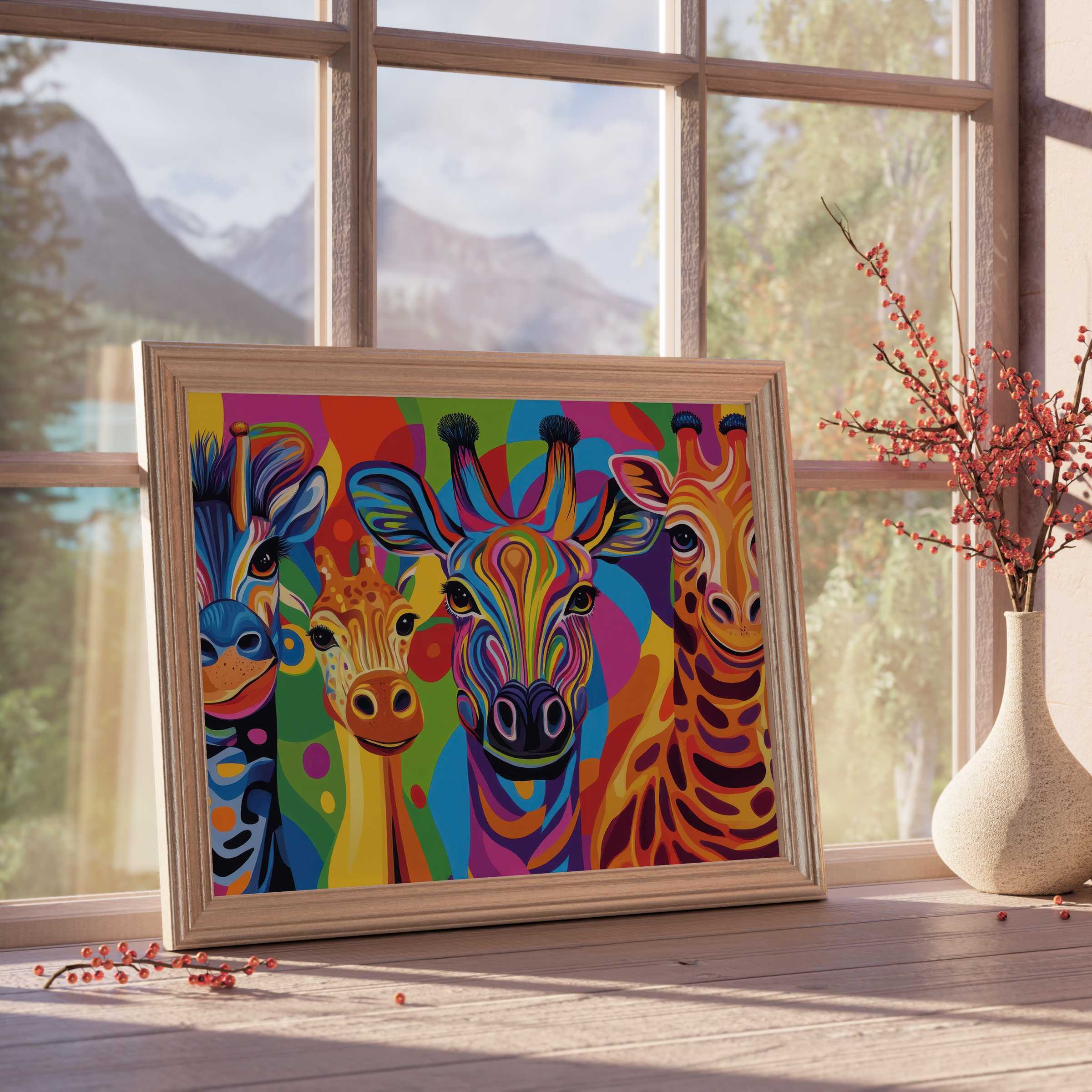 Vibrant pop art downloadable art of four colorful giraffes, radiating joyful energy and elevating curated, tranquil interiors with bold design