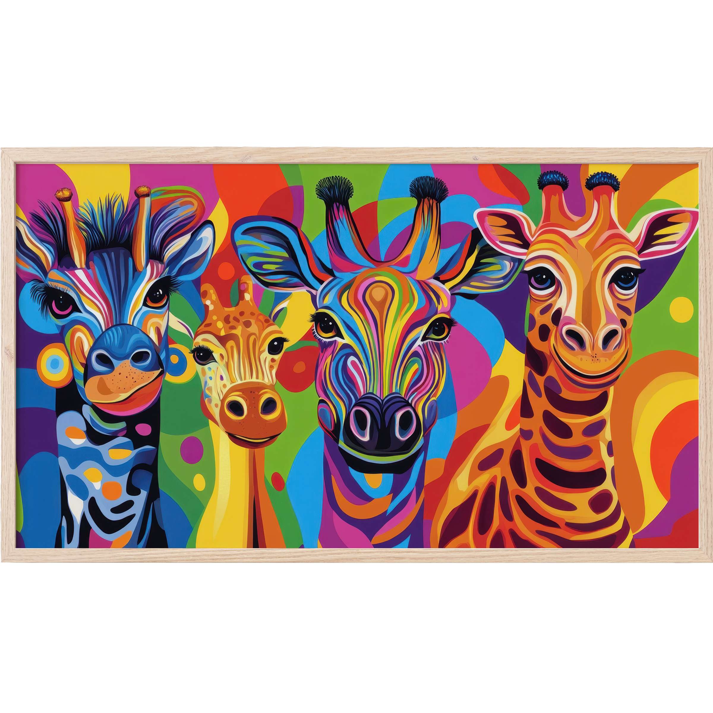 Vibrant pop art Frame TV Art showcasing four giraffes in vivid, swirling hues and bold, modern color contrasts