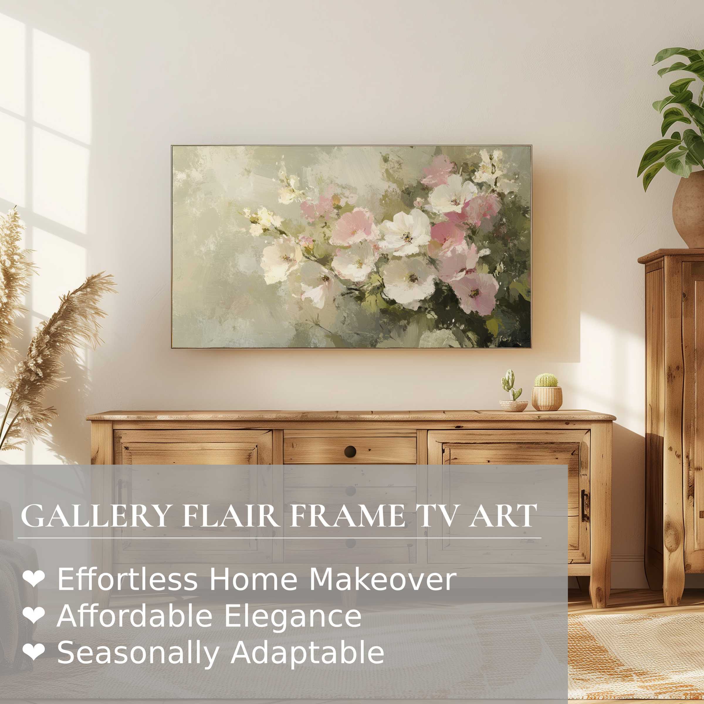 Elegant summer digital artwork of soft florals on Samsung Frame TV in a warm, modern living space setting