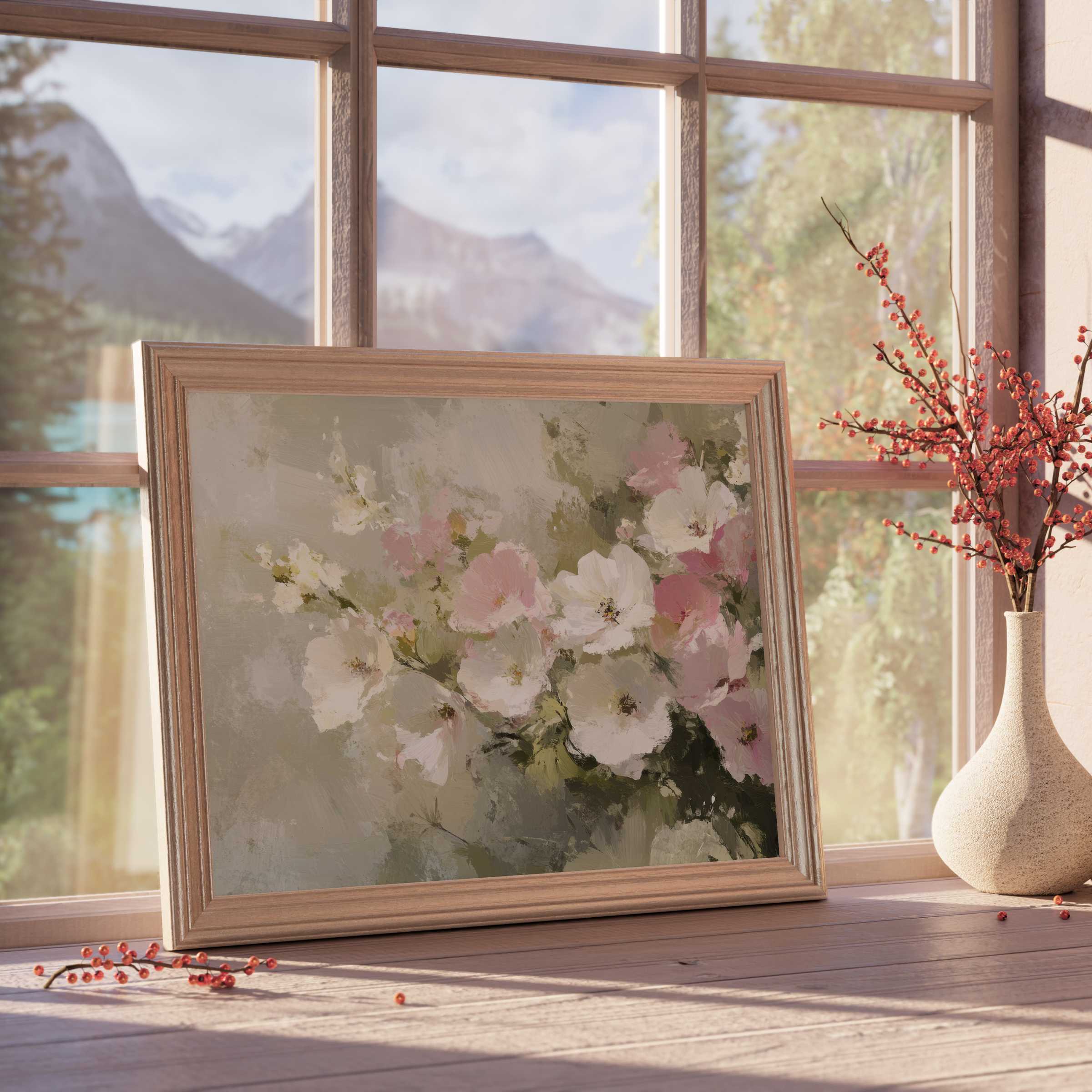 Summer downloadable art capturing soft pink and white blooms, infusing serene elegance into curated, design-forward interiors