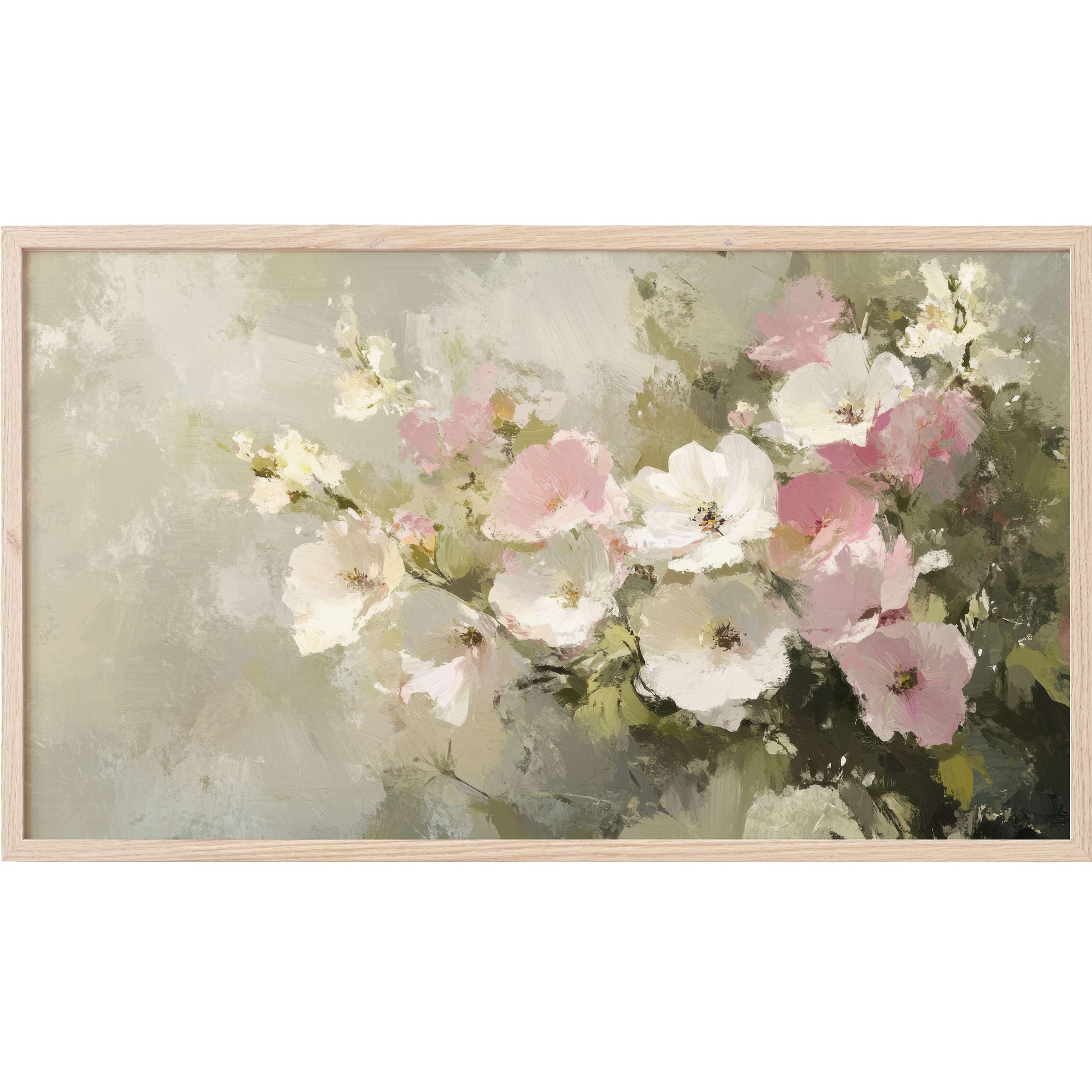 Elegant summer Frame TV Art with soft pink and white flowers in a delicate, impressionistic brushstroke style
