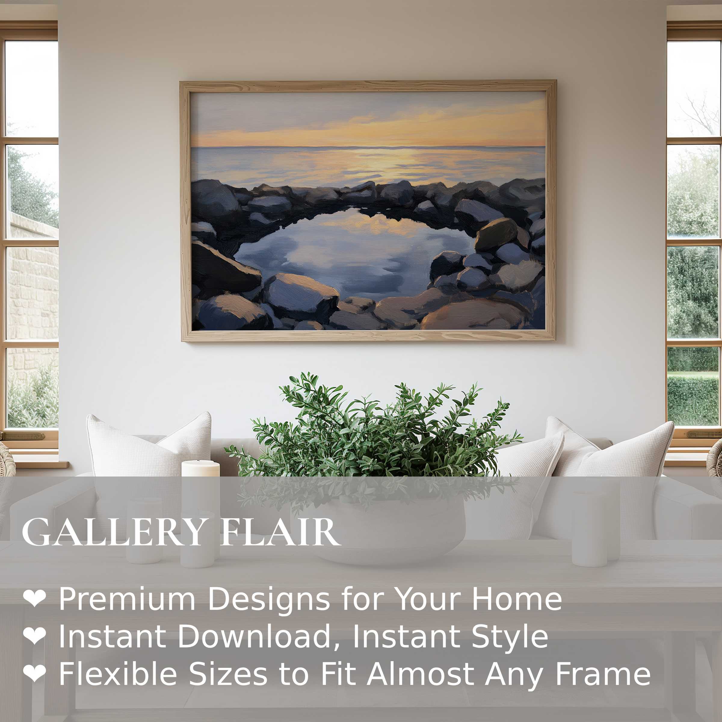 Coastal wall art print featuring a serene rocky shoreline at sunset, enhancing modern minimalist spaces with calming ocean hues and natural textures
