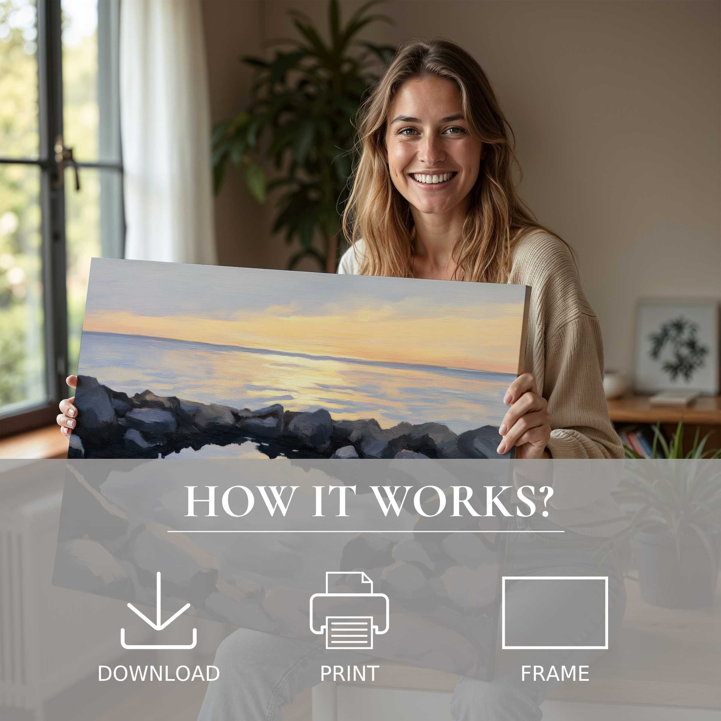 Coastal digital art print radiates tranquil warmth as she gently shares serene waves at sunset in a chic modern home