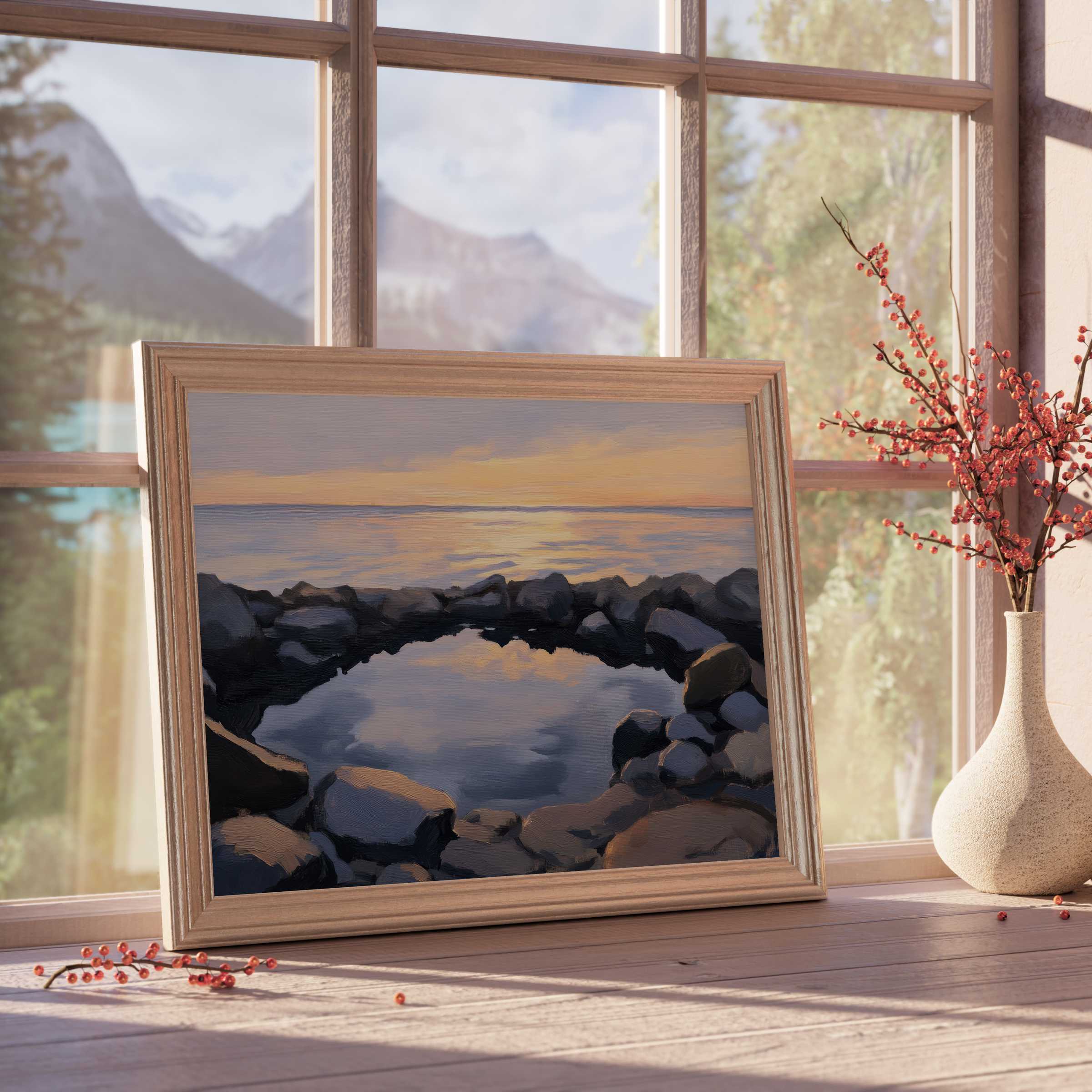 Coastal downloadable art featuring tranquil rocky tidepool at sunset, elevating serene, curated interiors with warm ambient light