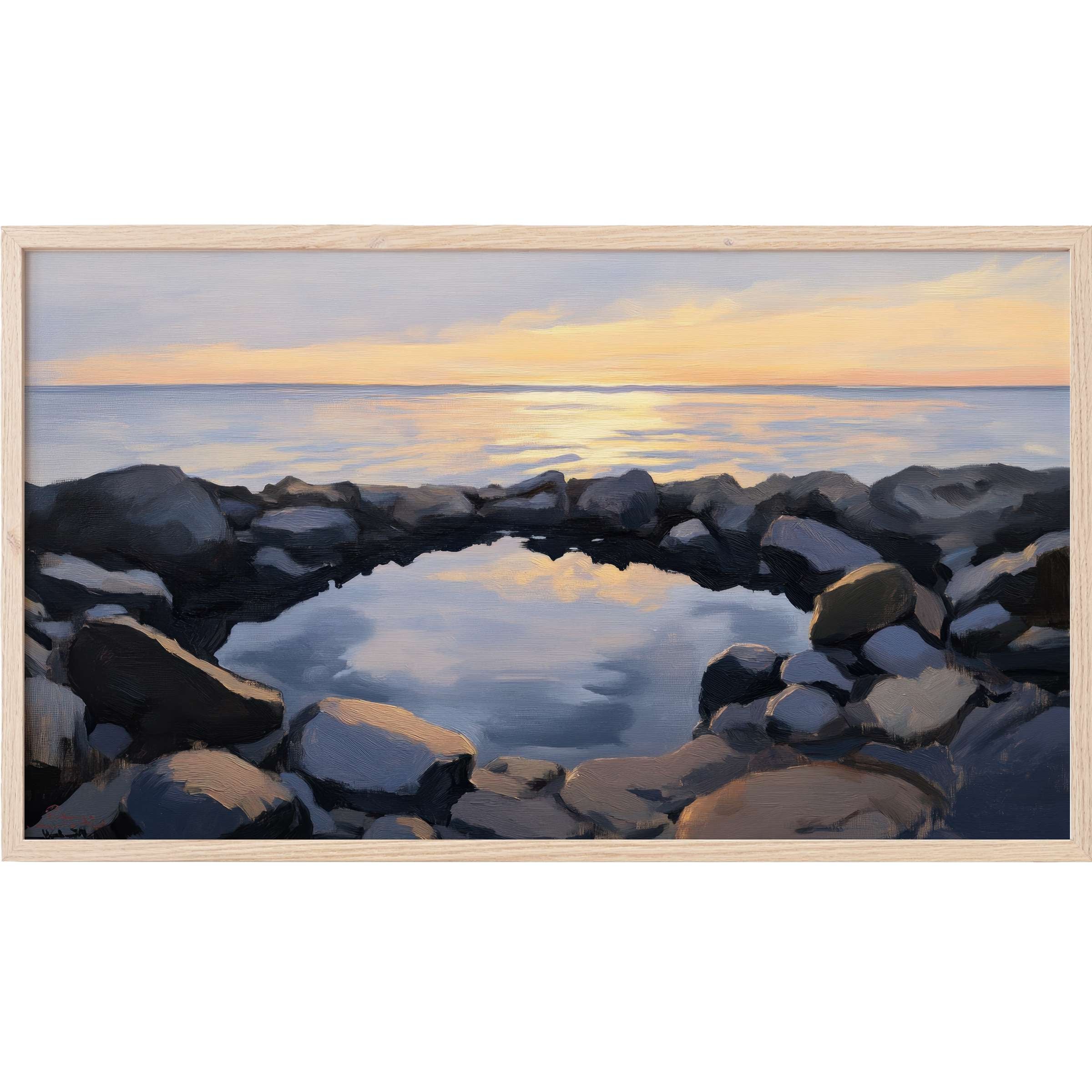 Serene coastal Frame TV Art with soft blues, grays, and golden hues capturing a tranquil rocky seascape at sunset