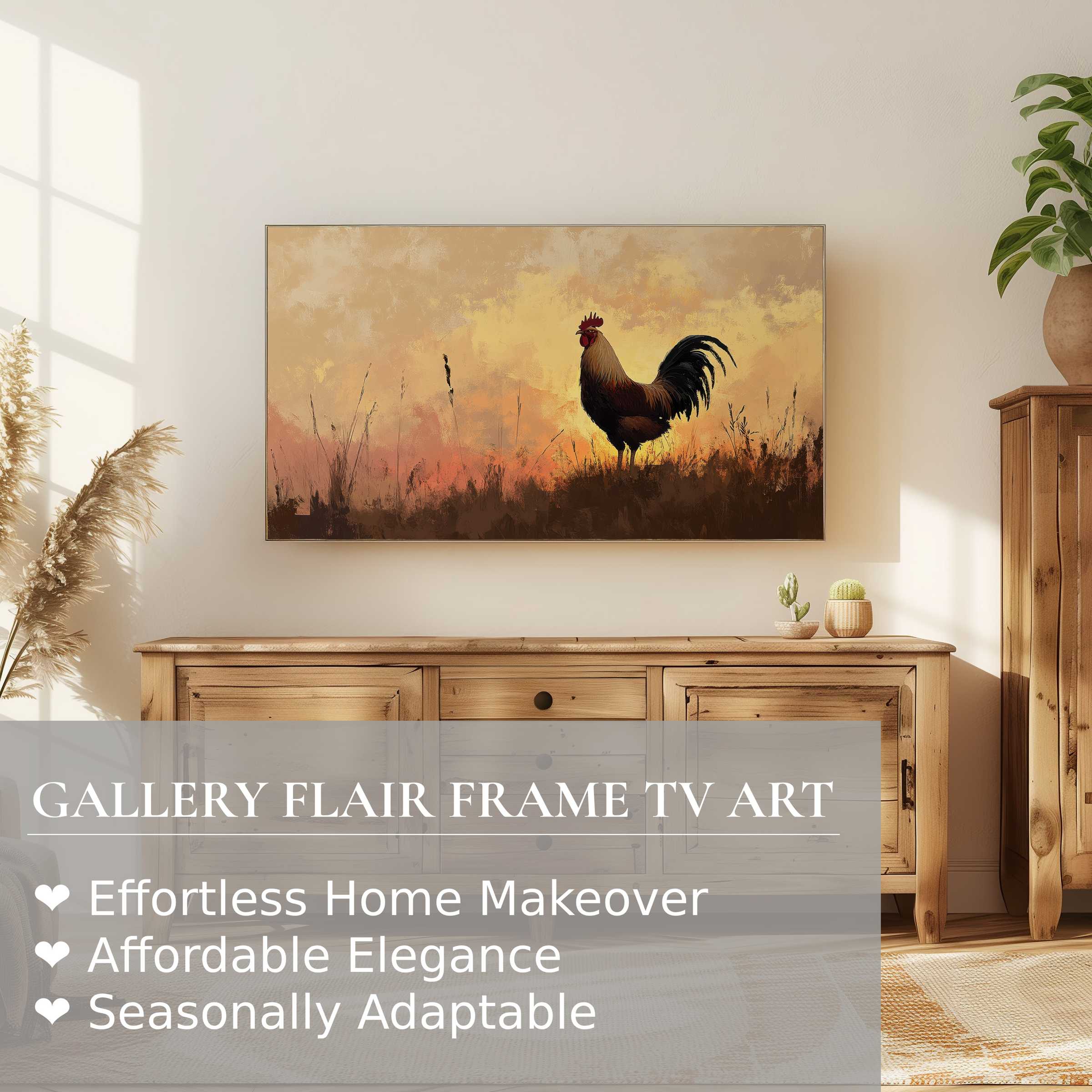 Samsung Frame TV showcasing refined farmhouse digital artwork of a rooster in warm, modern rustic decor