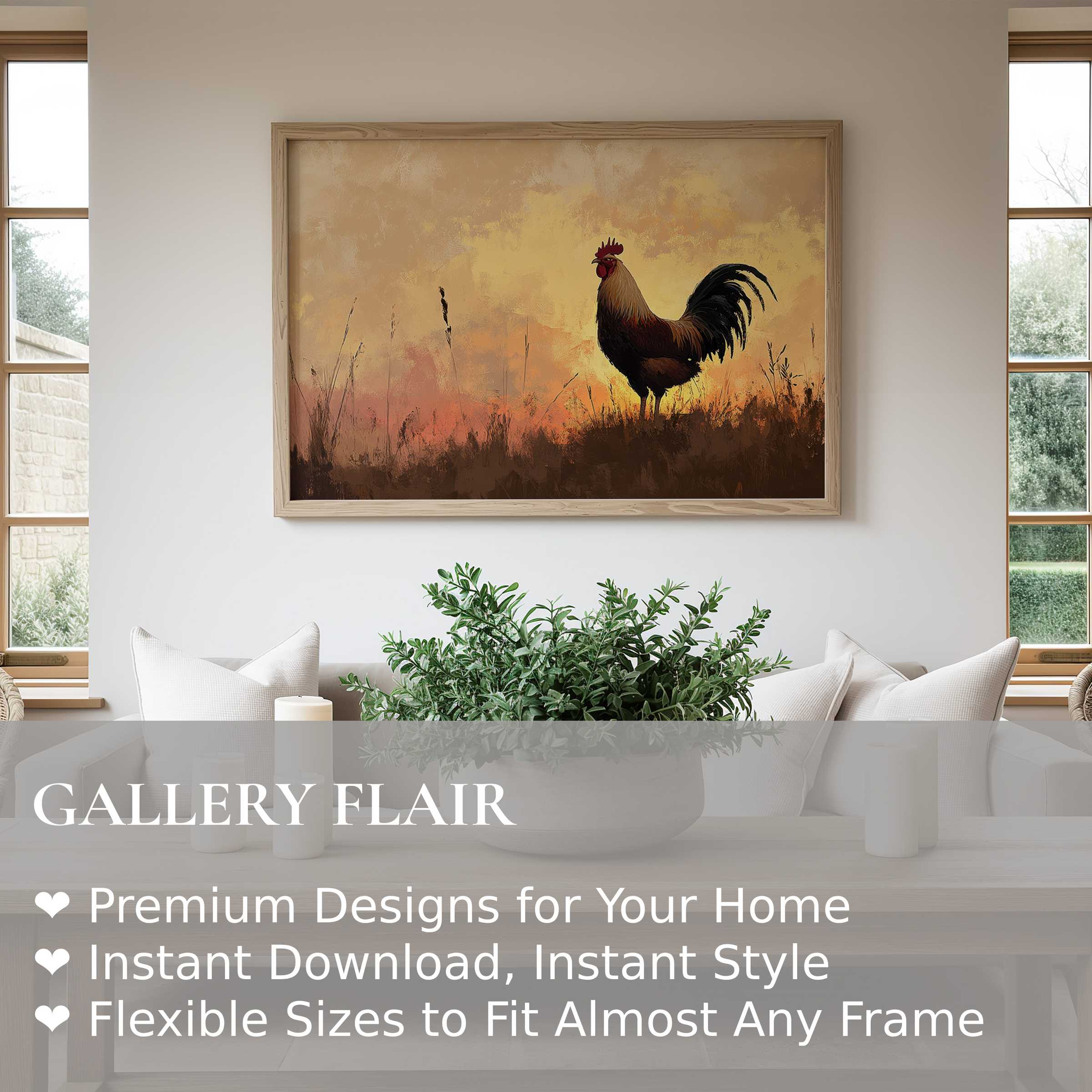 Farmhouse wall art print featuring a radiant rooster silhouette at sunset, enhancing warm, modern rustic interiors with calming charm