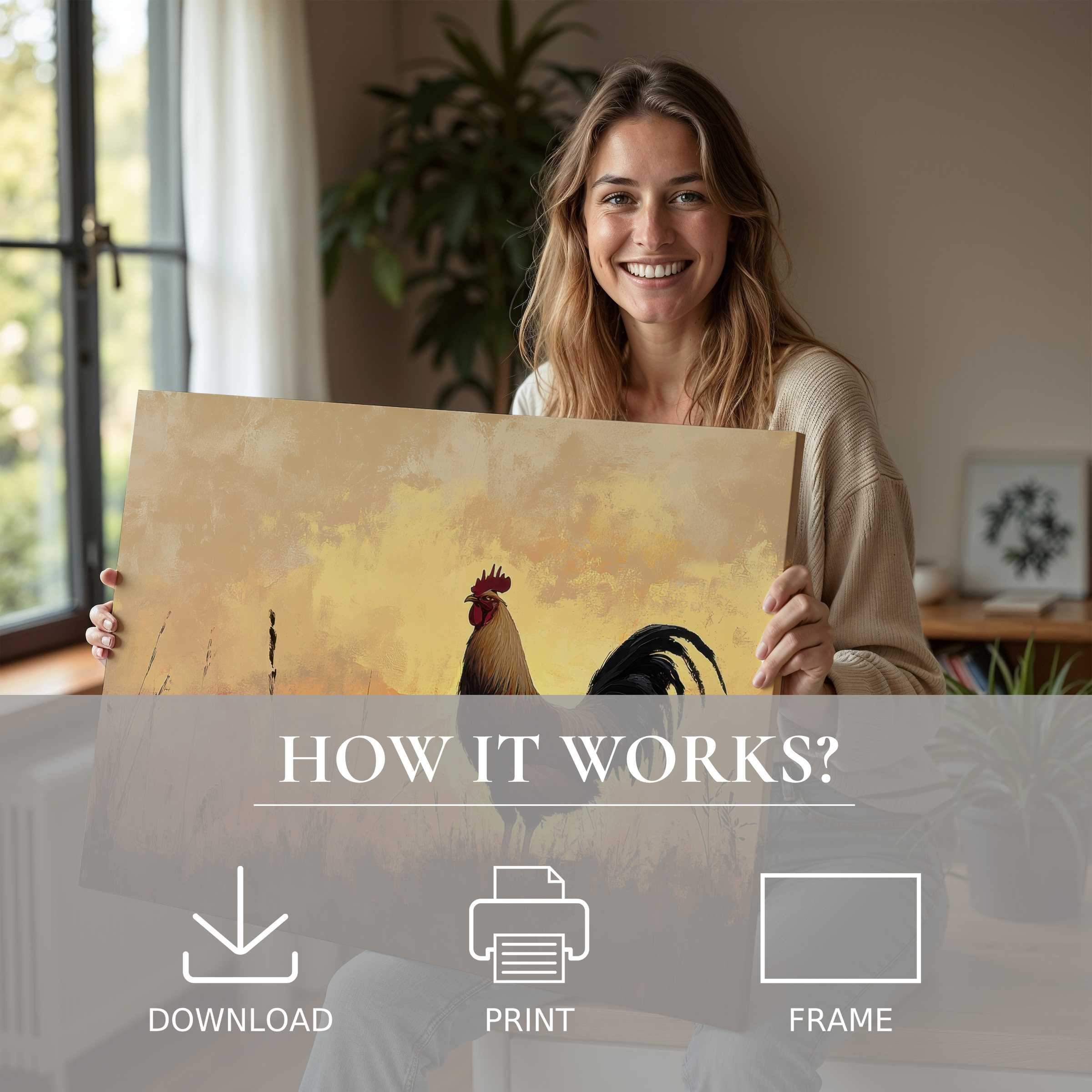 Woman's radiant smile reveals the joy of welcoming a farmhouse digital art print into her serene, modern home