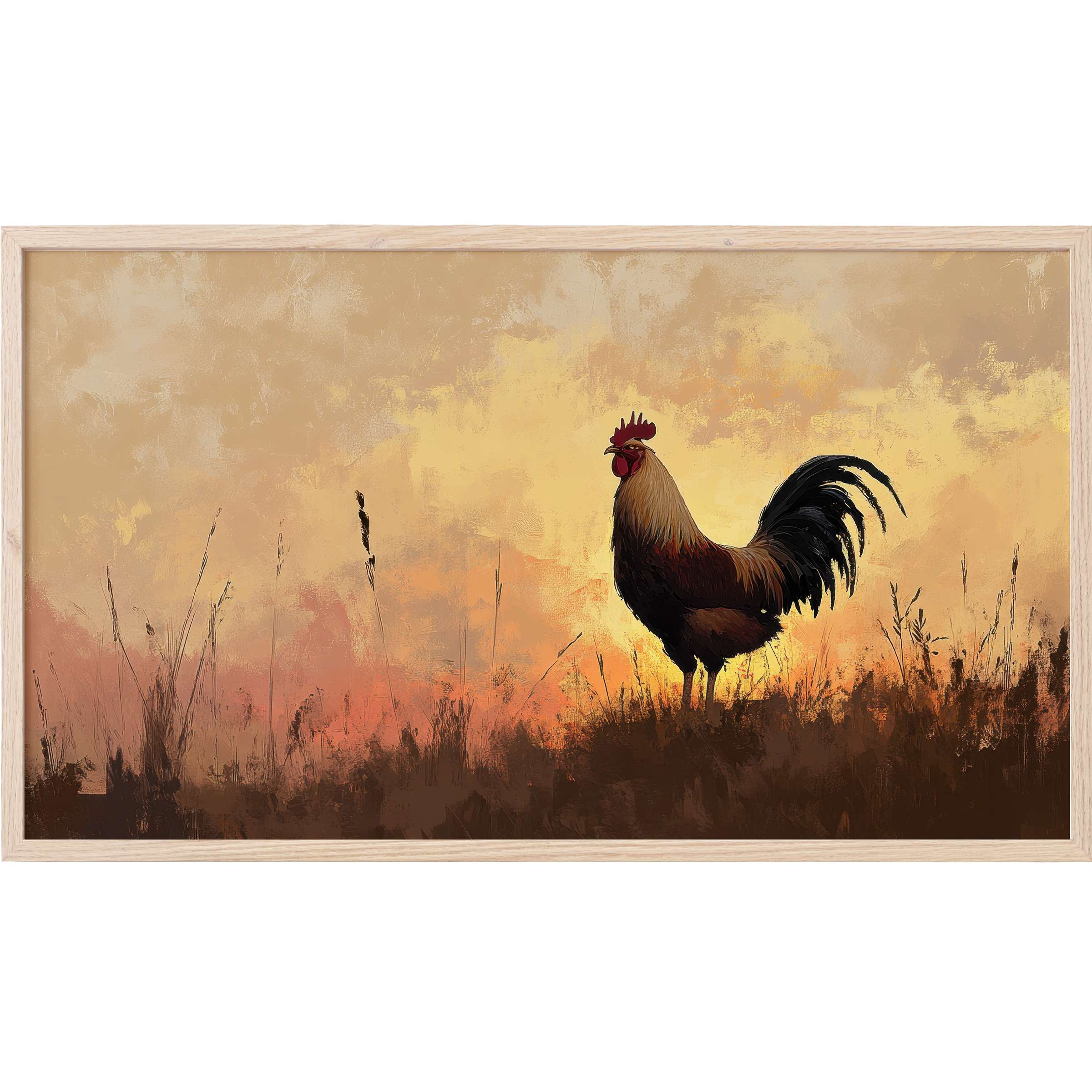 Farmhouse Frame TV Art featuring a rooster silhouette with warm earth tones and a soft sunset glow