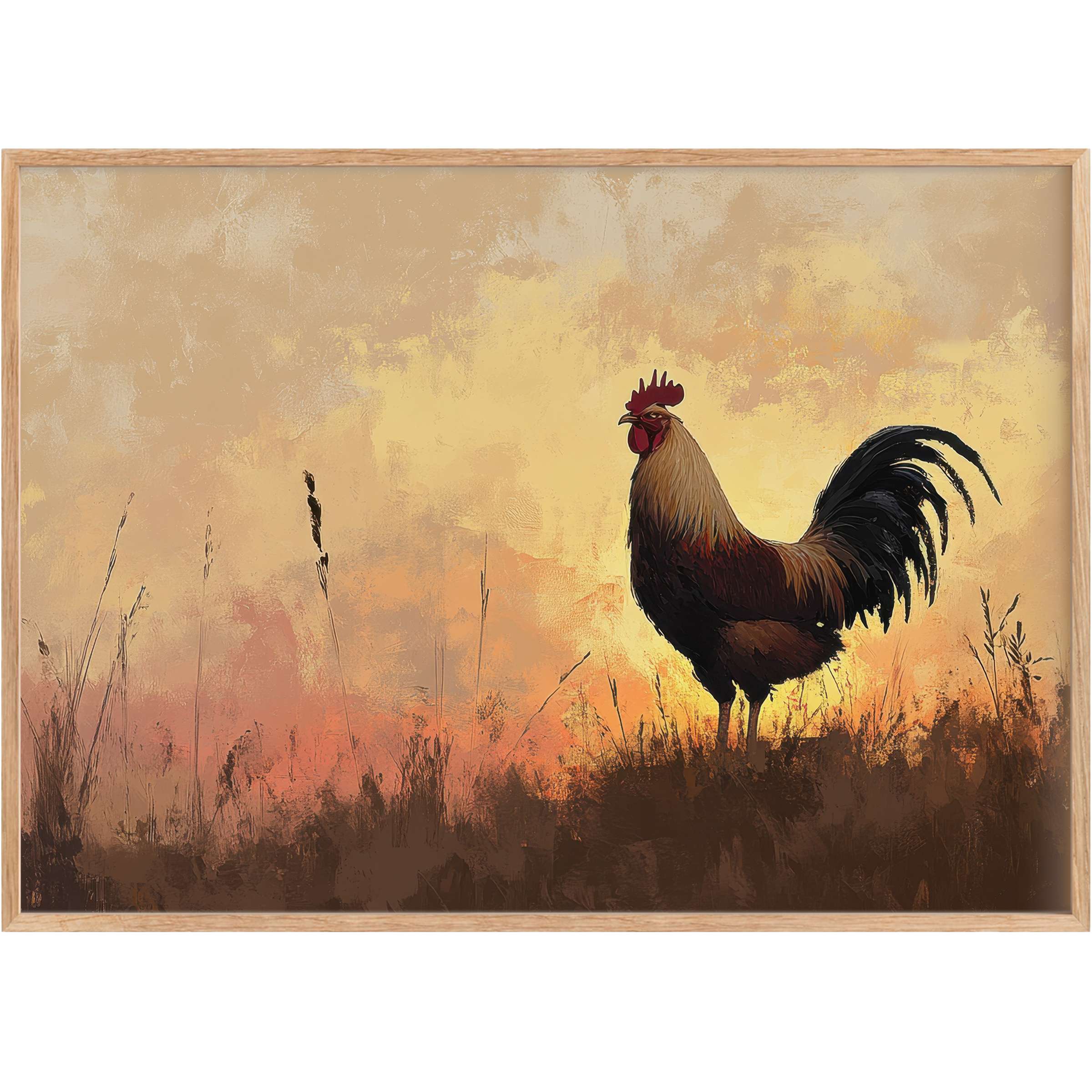 Rustic rooster at dawn evokes warmth and serenity with rich browns and golden hues in this farmhouse printable wall art