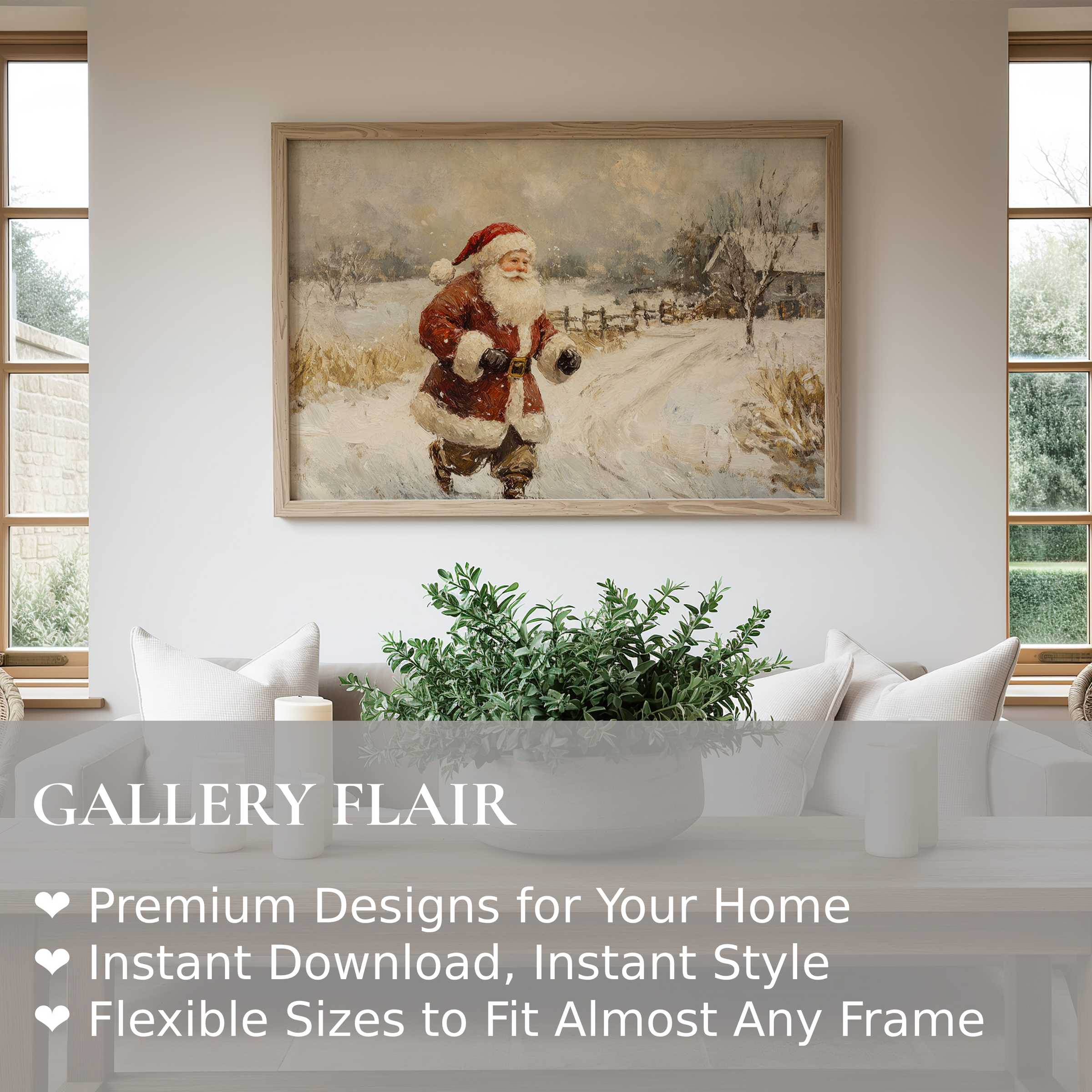 Christmas wall art print featuring a radiant vintage Santa in a snowy rural scene, enhancing modern cozy farmhouse interiors with nostalgic warmth and charm