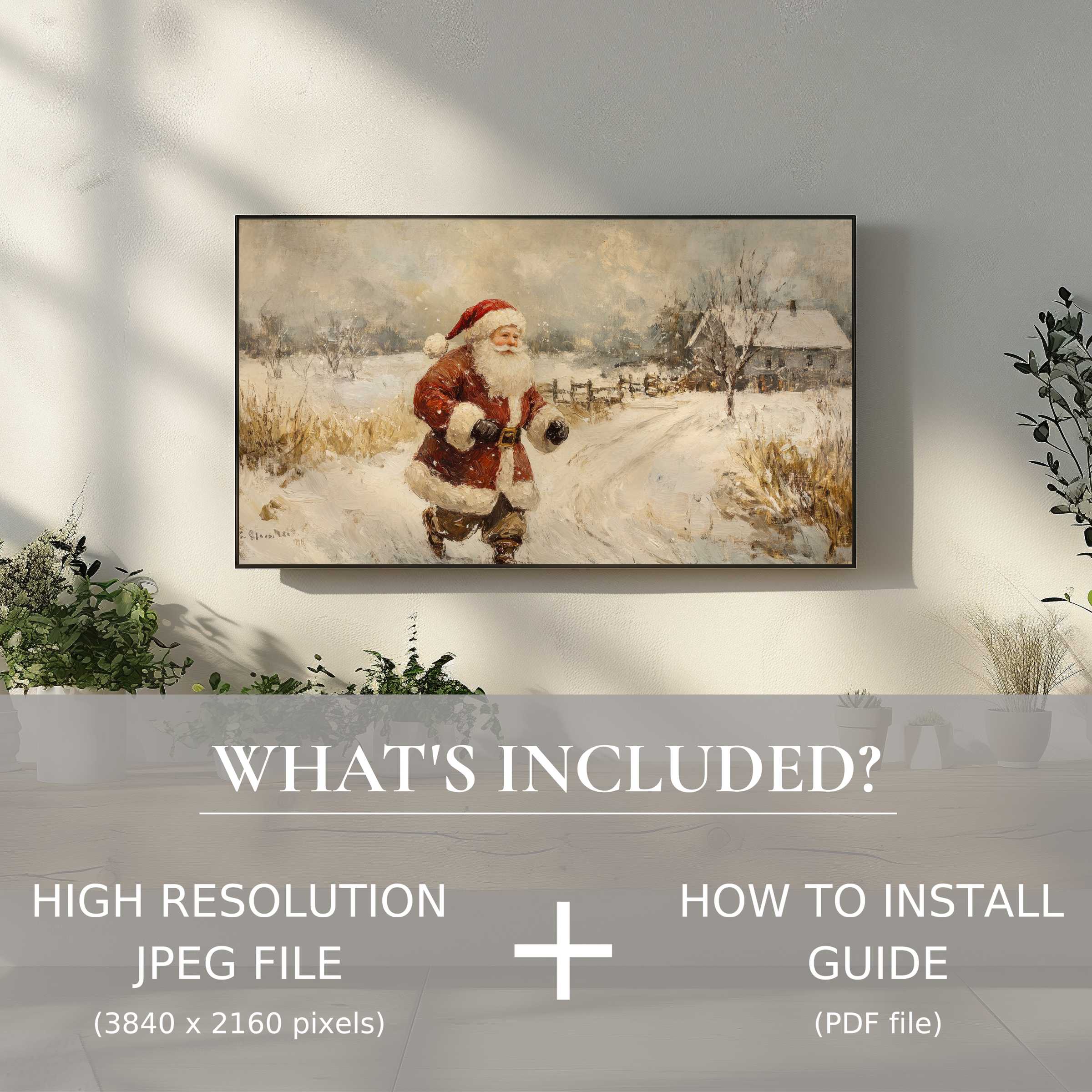 Elegant living space enhanced by Christmas digital TV art download; easy, high-res digital use with installation guide